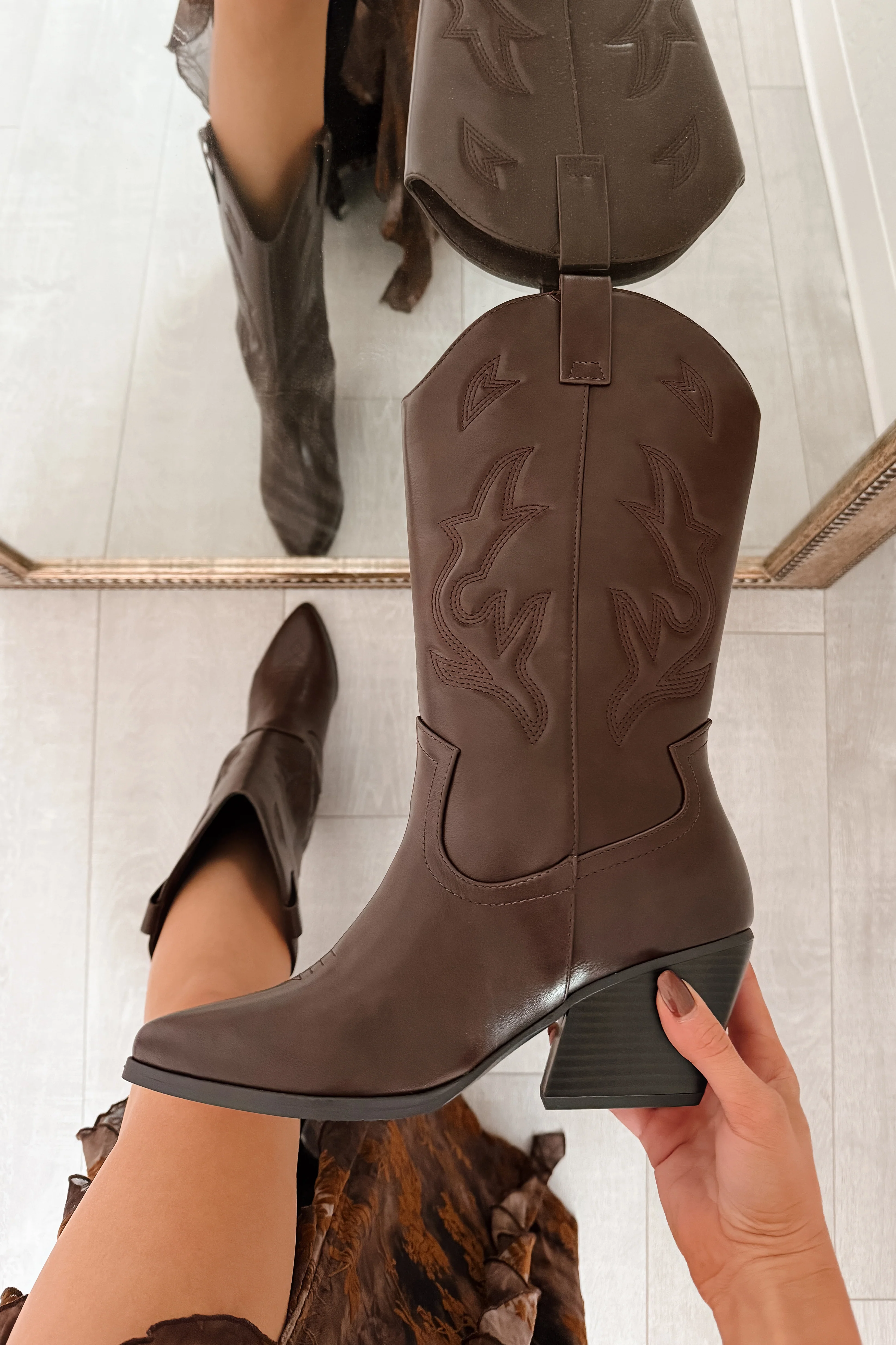 Ruffles & Rodeo Embroidered Cowboy Boots (Dark Brown) - Image 2