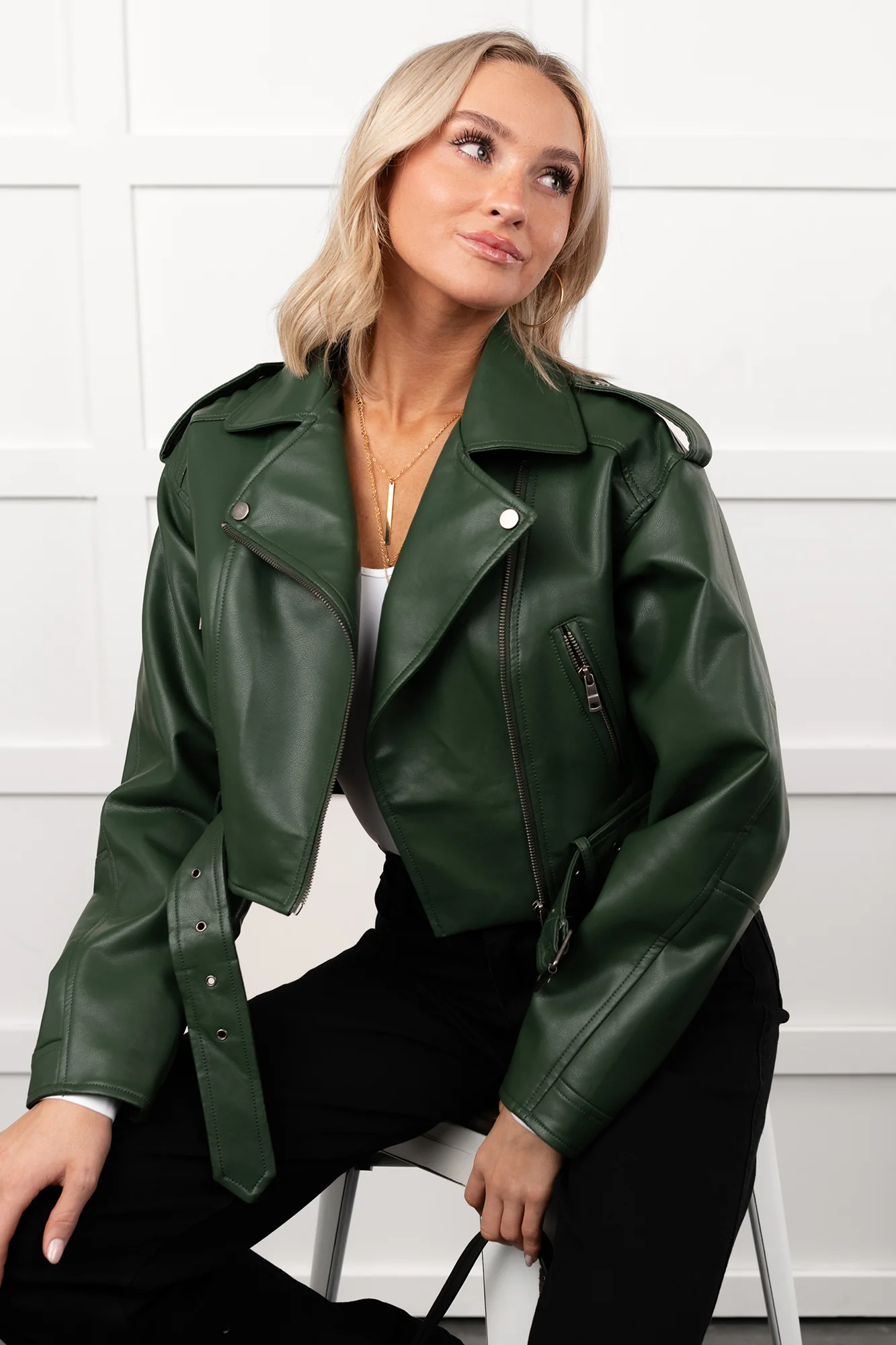 Rule Maker Faux Leather Cropped Jacket (Hunter Green) - Image 10