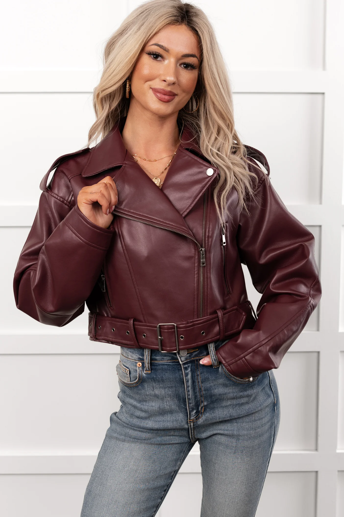 Rule Maker Faux Leather Cropped Jacket (Wine) - Image 4