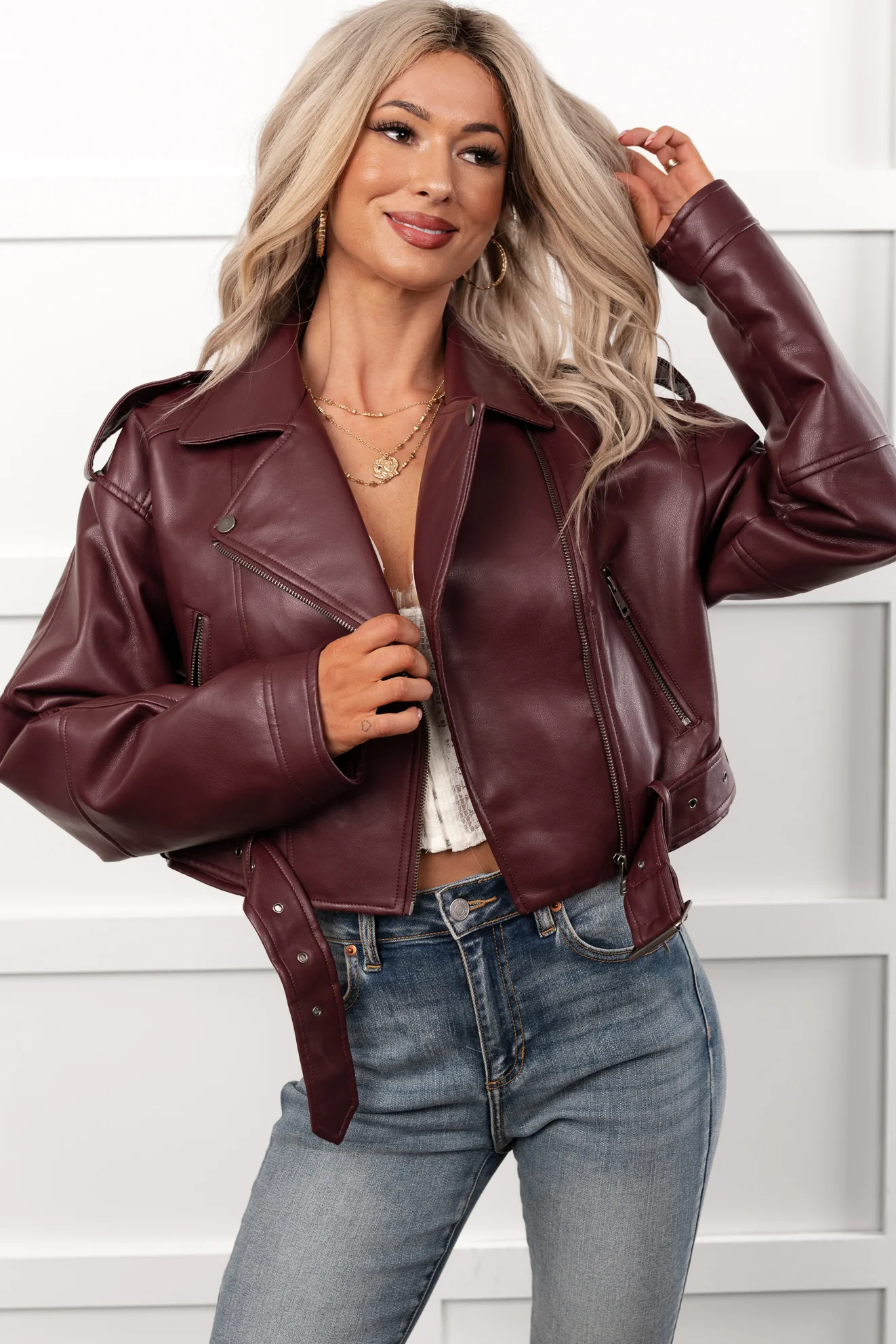 Rule Maker Faux Leather Cropped Jacket (Wine) - Image 7