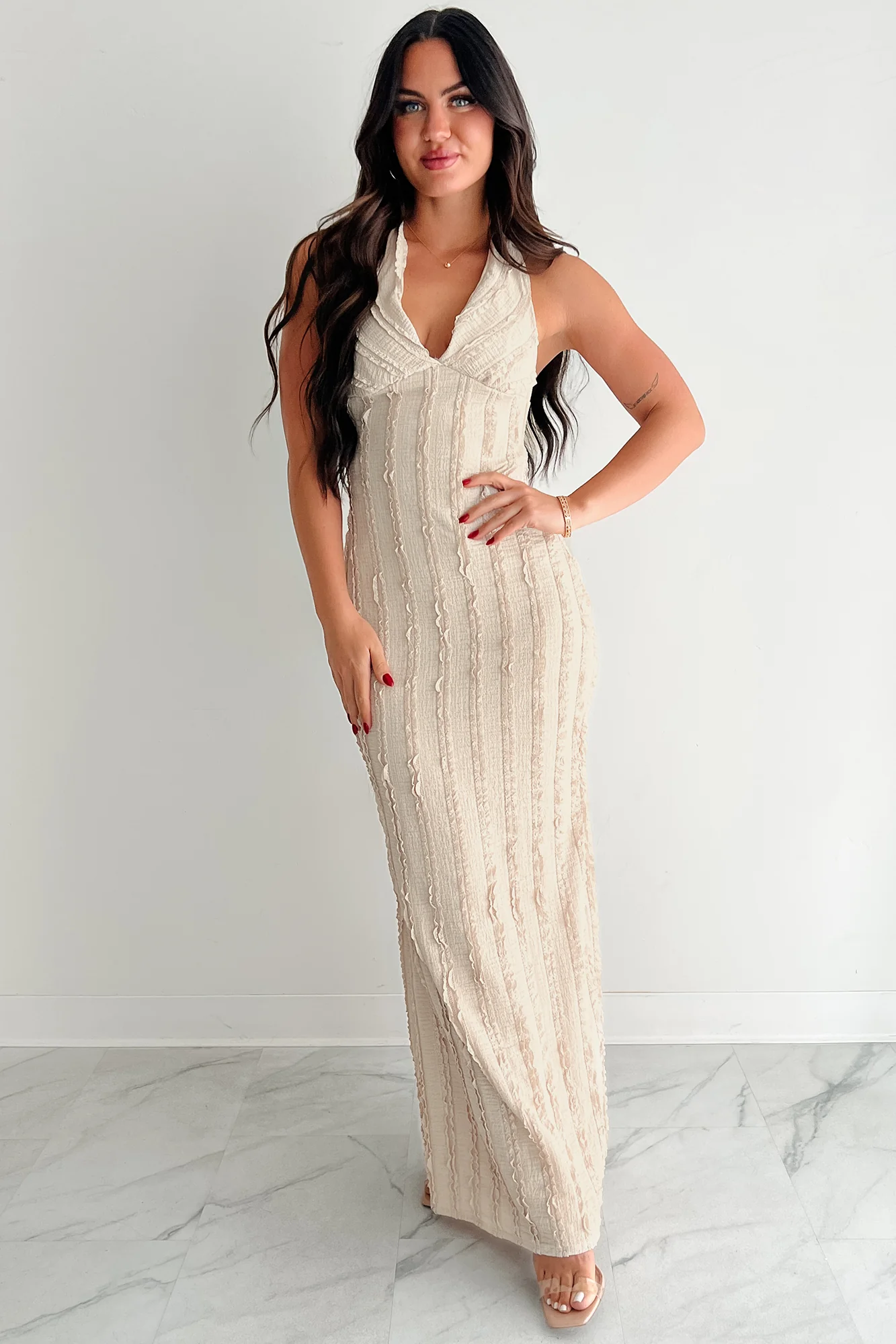 Runway Heart Halter Lace Maxi Dress (Vanilla) - Image 7