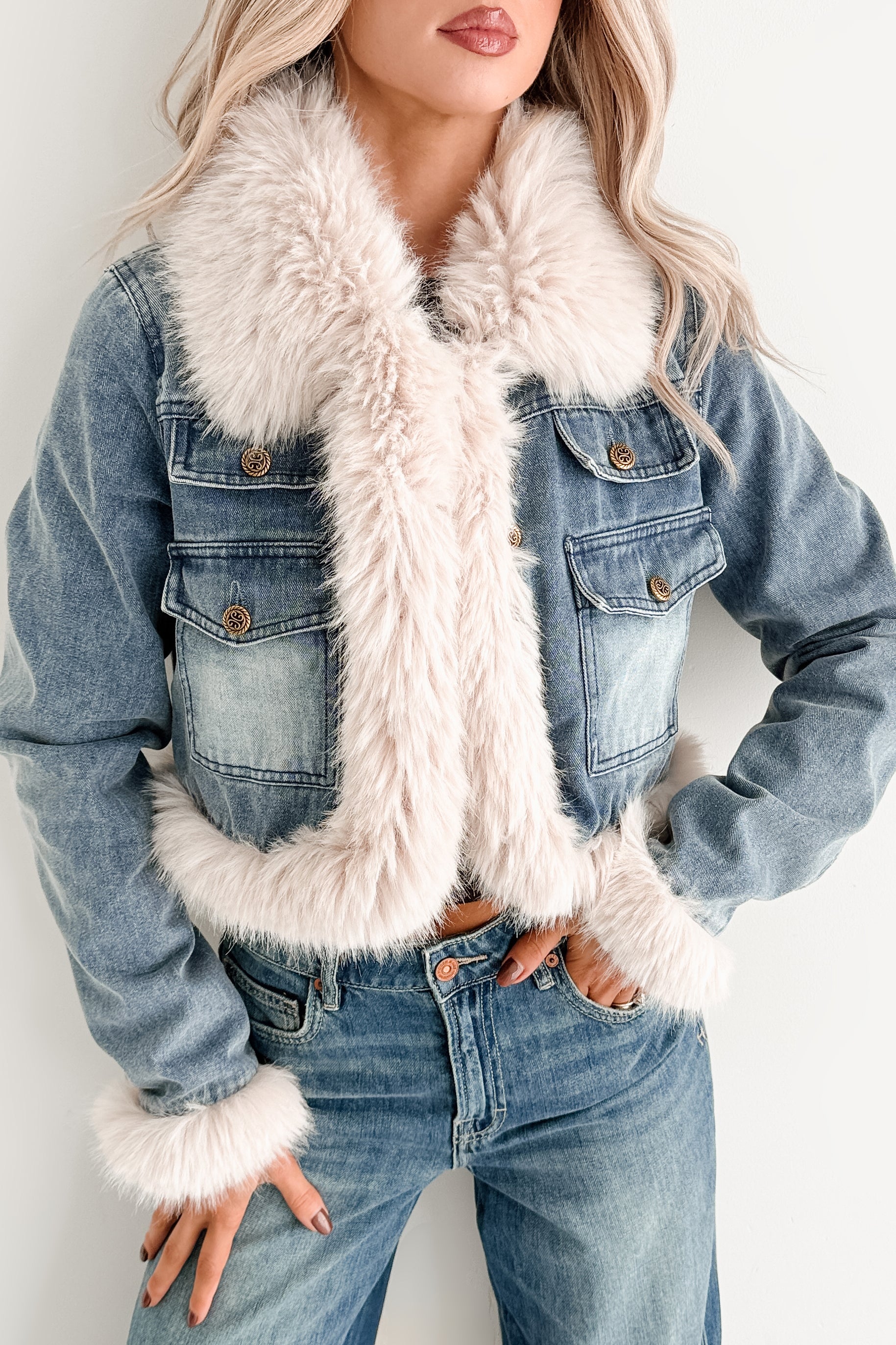 Rush Factor Faux Fur Trim Denim Crop Jacket (Denim Blue) - Image 2