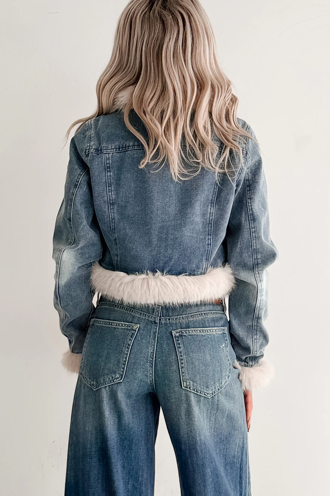 Rush Factor Faux Fur Trim Denim Crop Jacket (Denim Blue) - Image 4