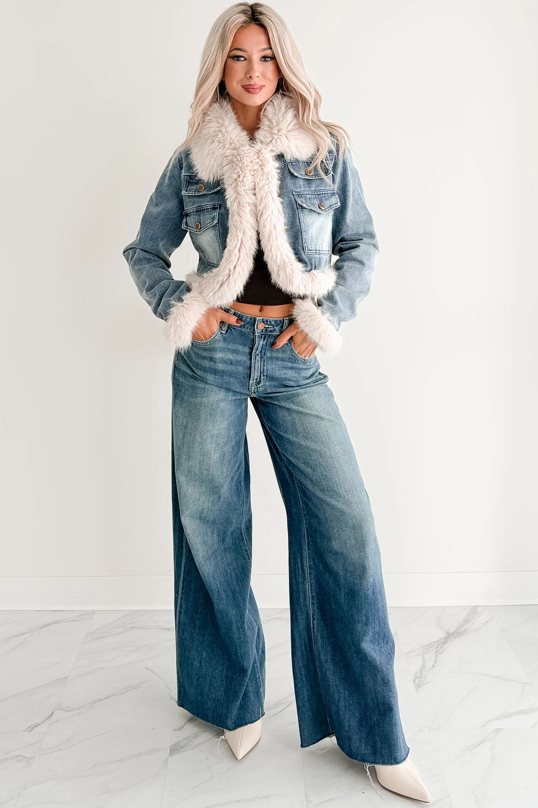 Rush Factor Faux Fur Trim Denim Crop Jacket (Denim Blue) - Image 5