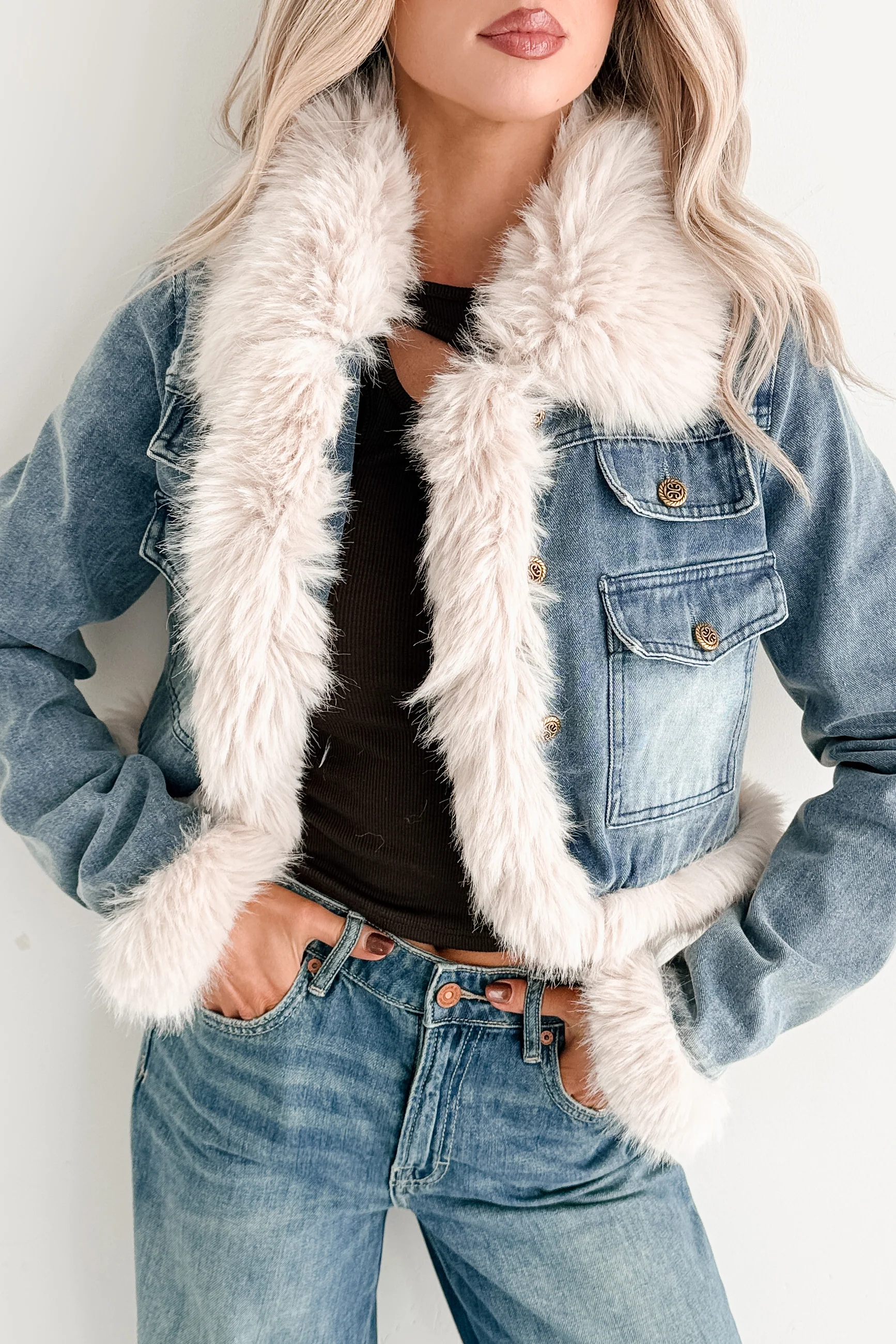 Rush Factor Faux Fur Trim Denim Crop Jacket (Denim Blue) - Image 7