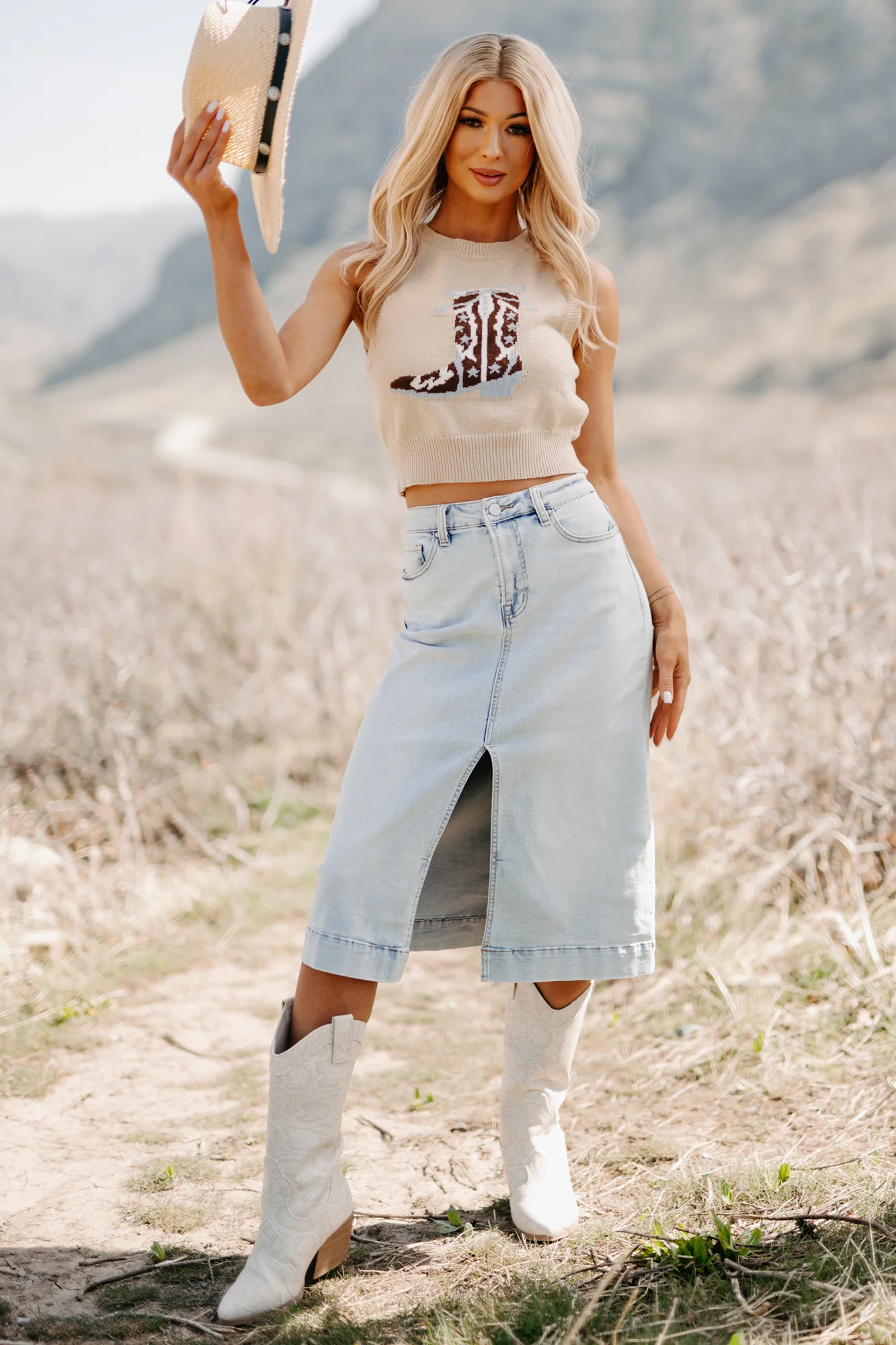 Rustic Romantic Cowboy Boot Sweater Tank (Beige) - Image 7