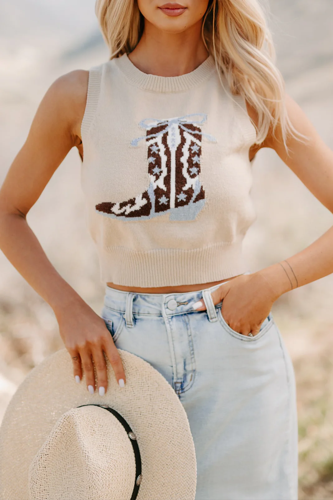 Rustic Romantic Cowboy Boot Sweater Tank (Beige) - Image 8