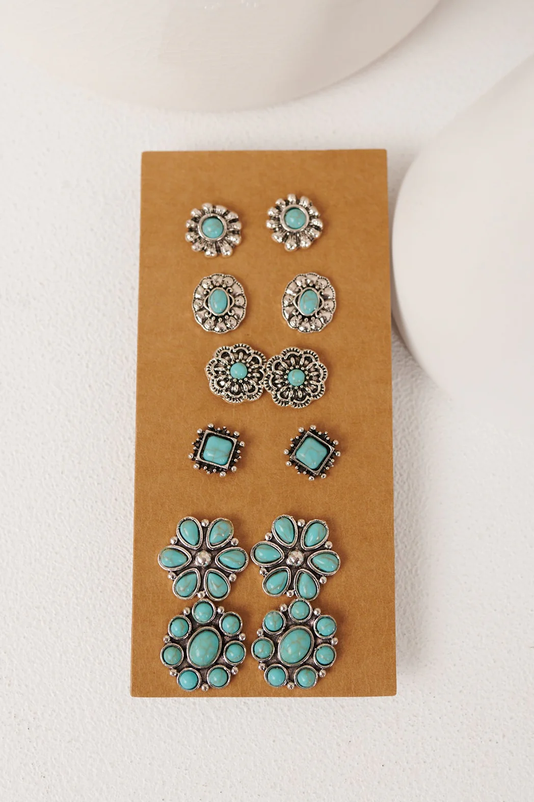 Saddle Dream Turquoise Stone Concho Earring Set (Silver) - Image 2