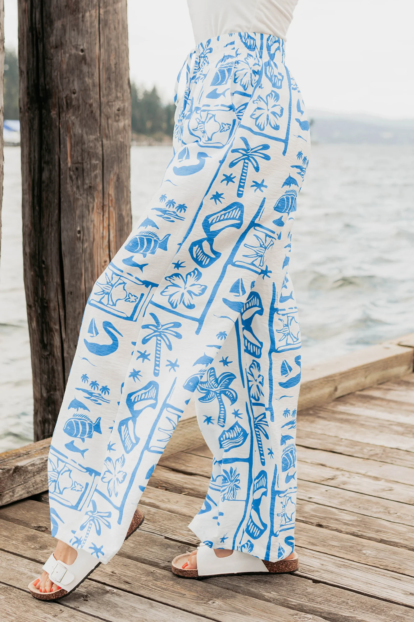 Saltwater Serenade Tropical Pattern Wide Leg Pants (Blue) - Image 3