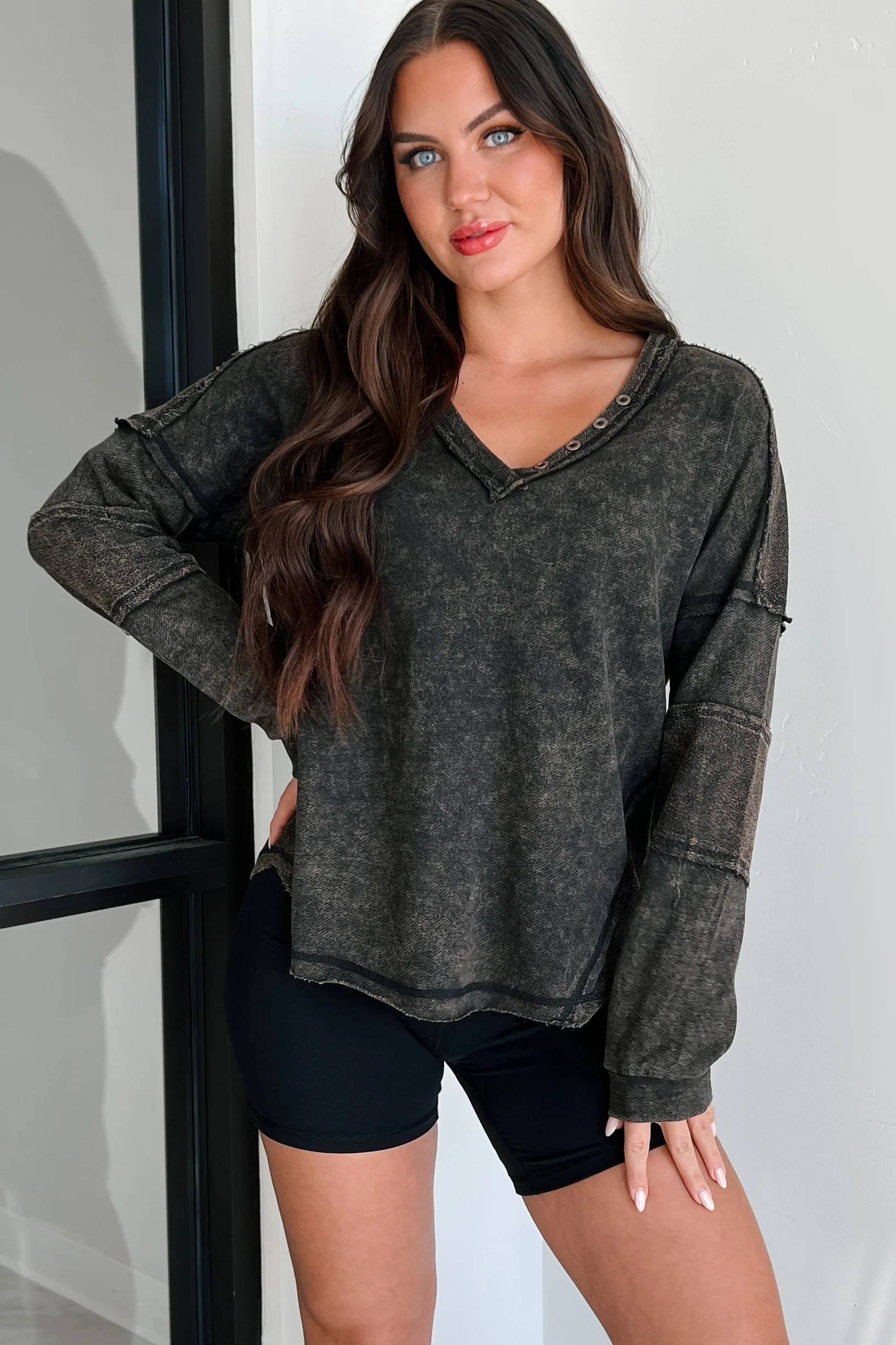 Samson Raw Edged Oversized Long Sleeve Top (Black) - Image 4