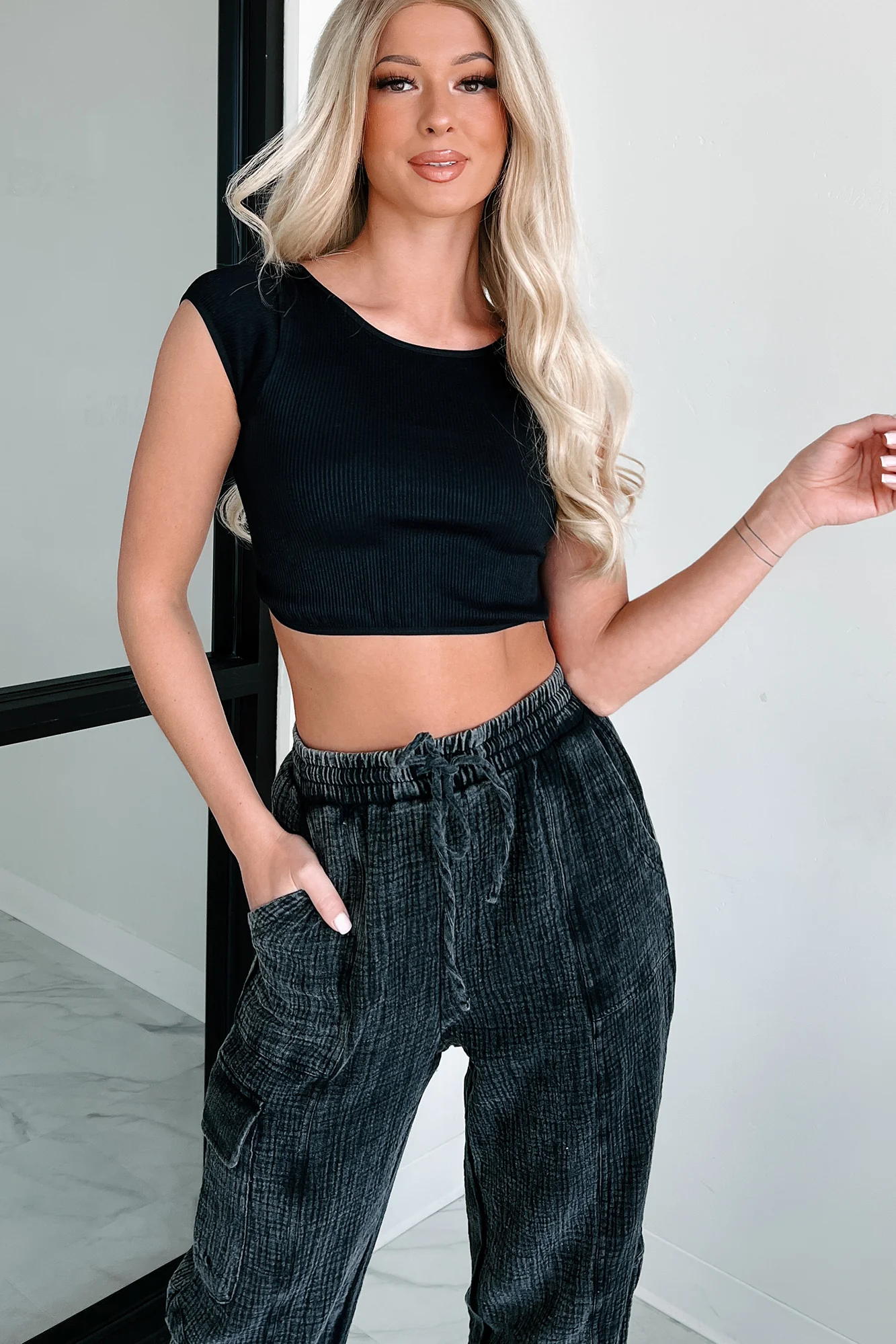 Santana Ribbed Scoop Back Crop Top (Black) - Image 9