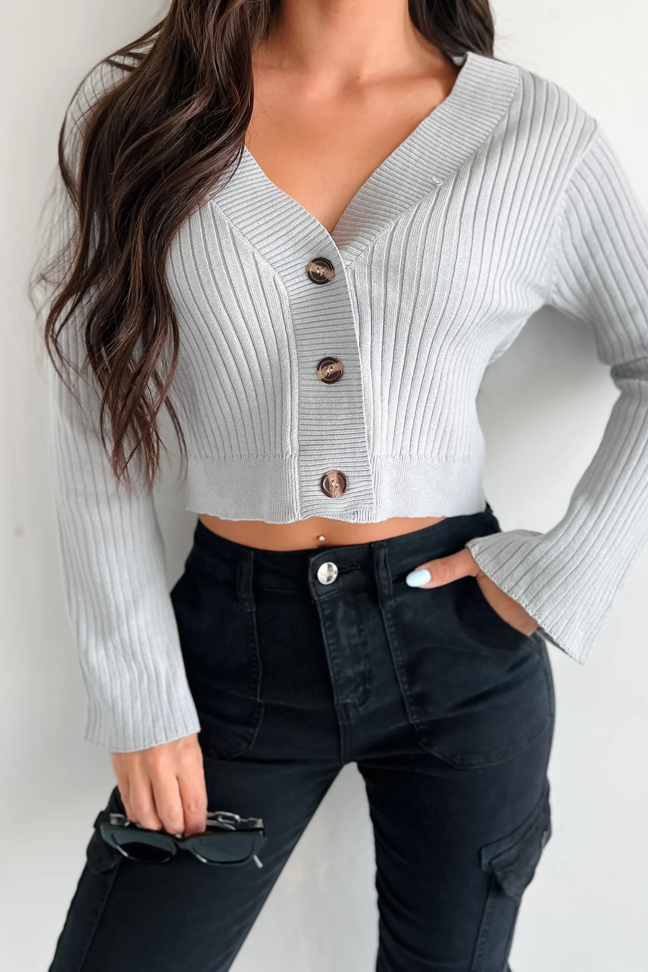 Saskia Button Down Sweater Top (Light Grey) - Image 3