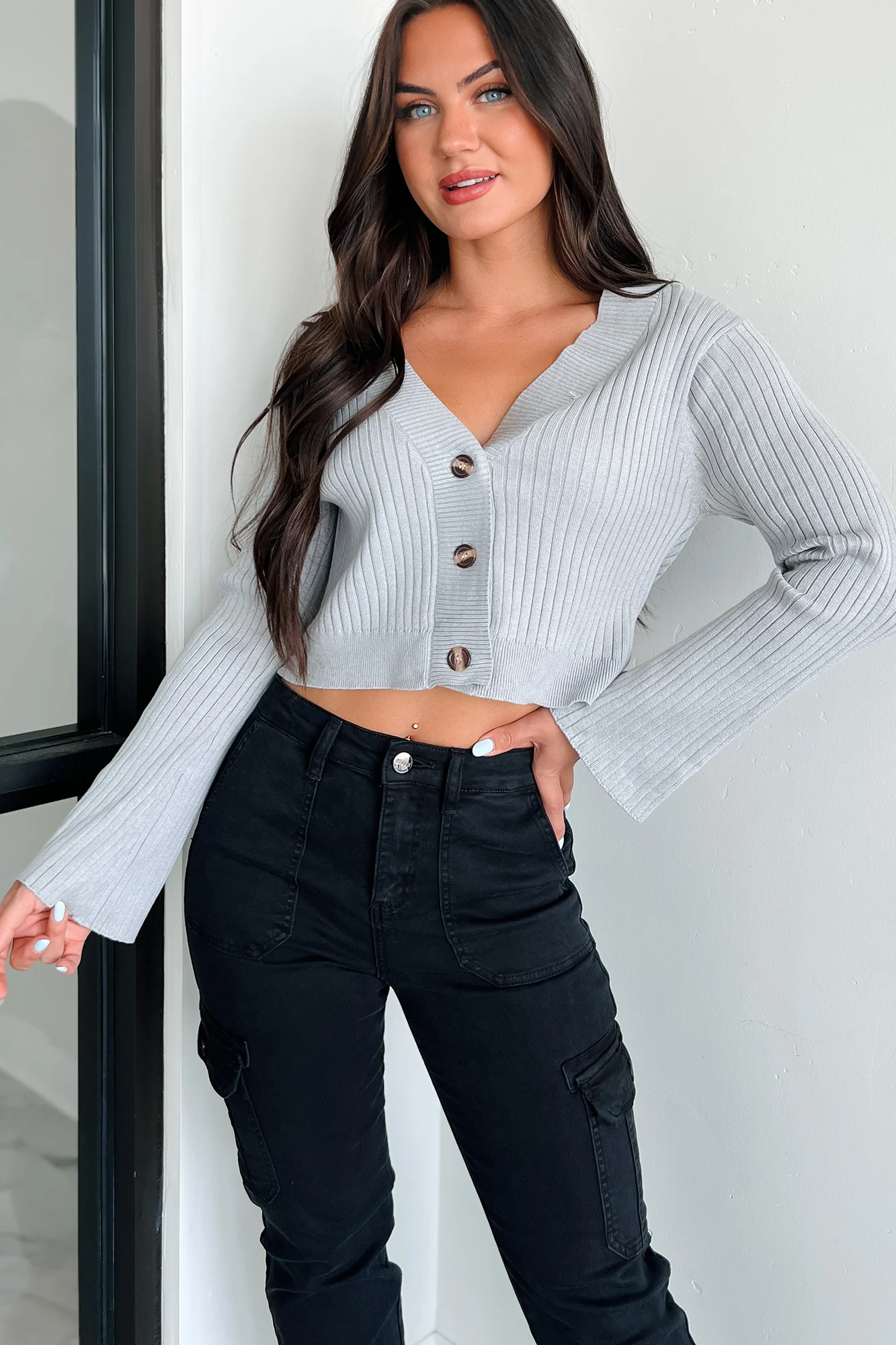 Saskia Button Down Sweater Top (Light Grey) - Image 5