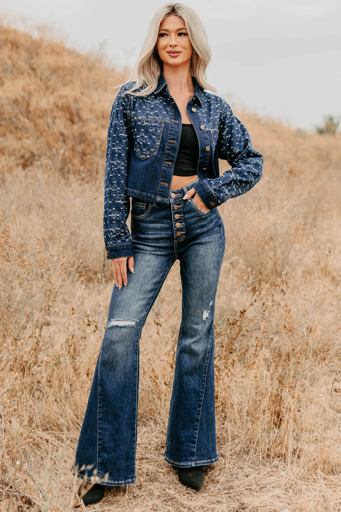 Say Less Do More Patterned Denim Jacket (Dark) - Image 2