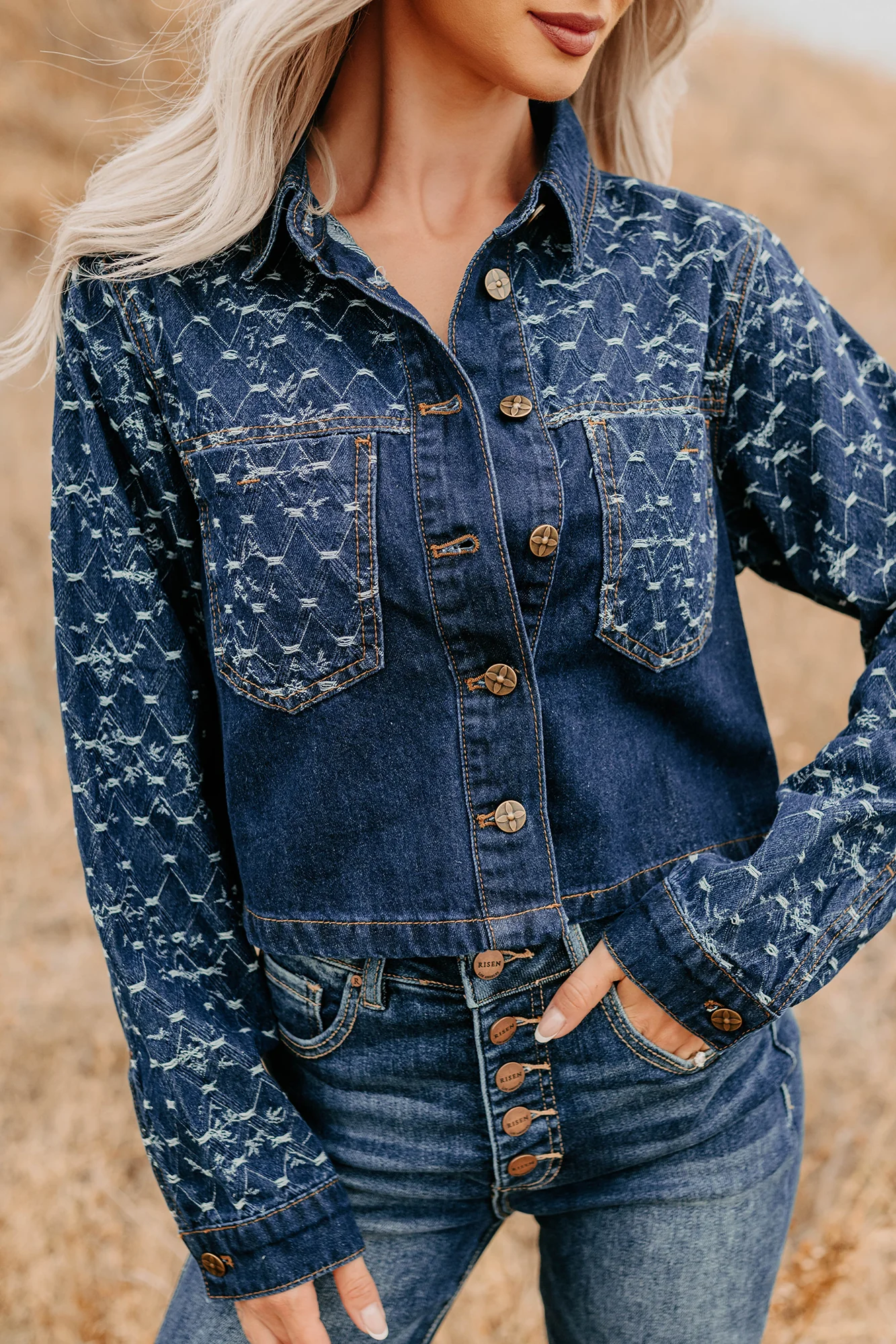 Say Less Do More Patterned Denim Jacket (Dark) - Image 3