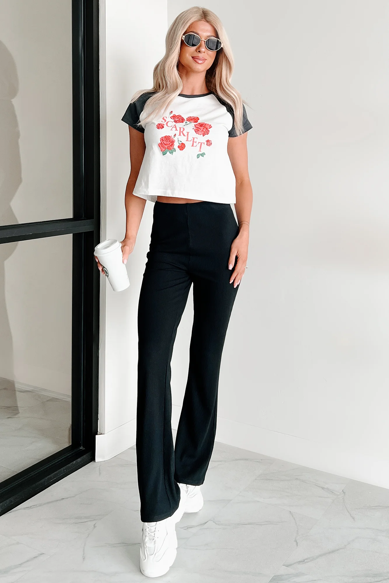 "Scarlet" Distressed Floral Graphic T-Shirt (Ivory/Charcoal) - Image 2