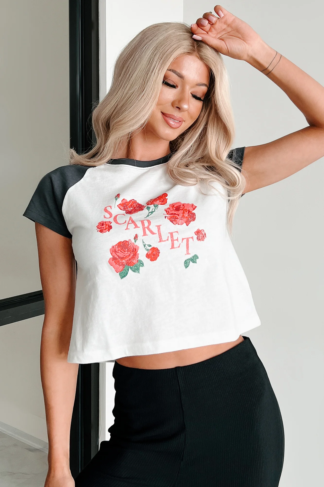 "Scarlet" Distressed Floral Graphic T-Shirt (Ivory/Charcoal) - Image 3