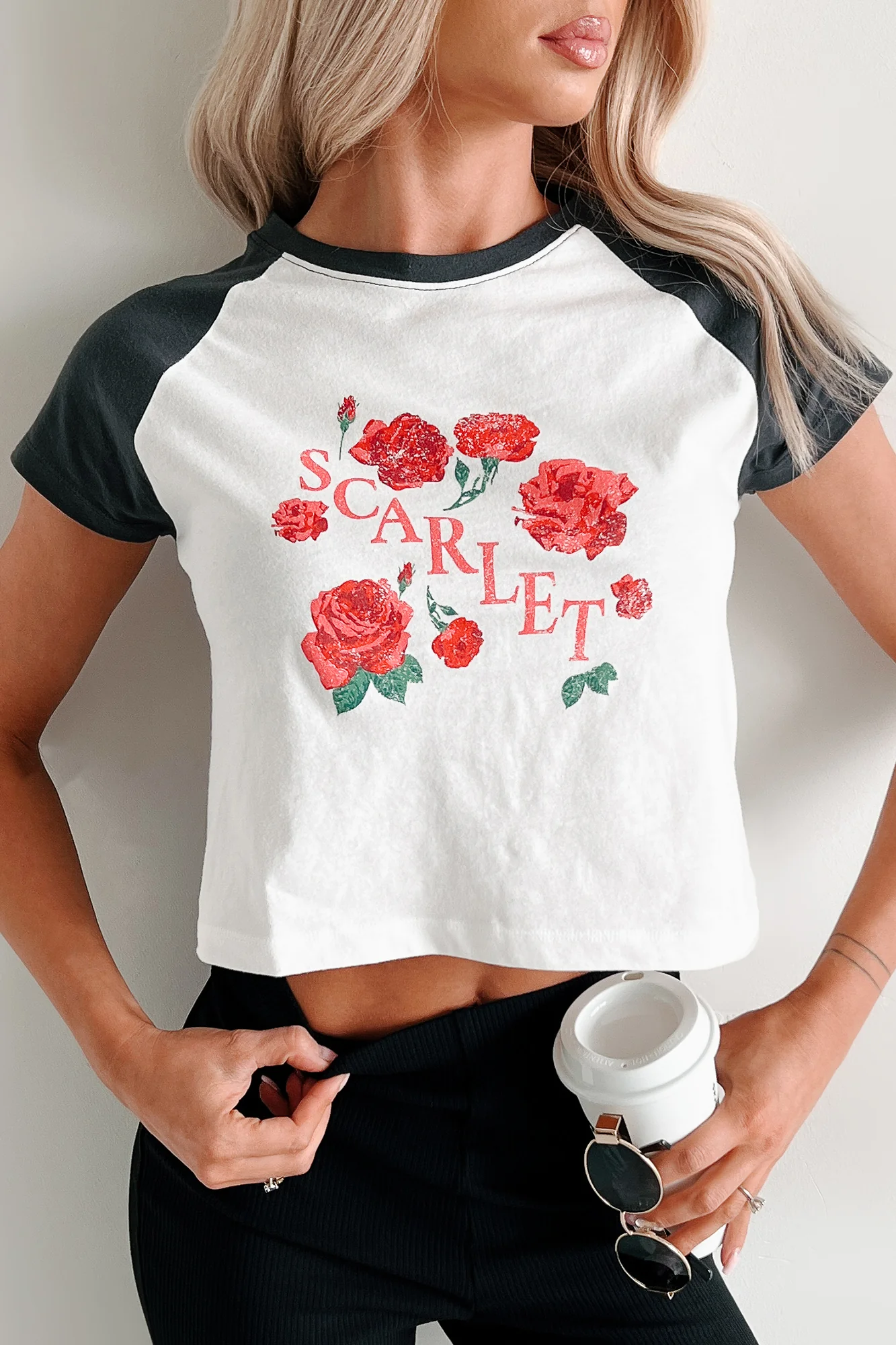 "Scarlet" Distressed Floral Graphic T-Shirt (Ivory/Charcoal) - Image 4