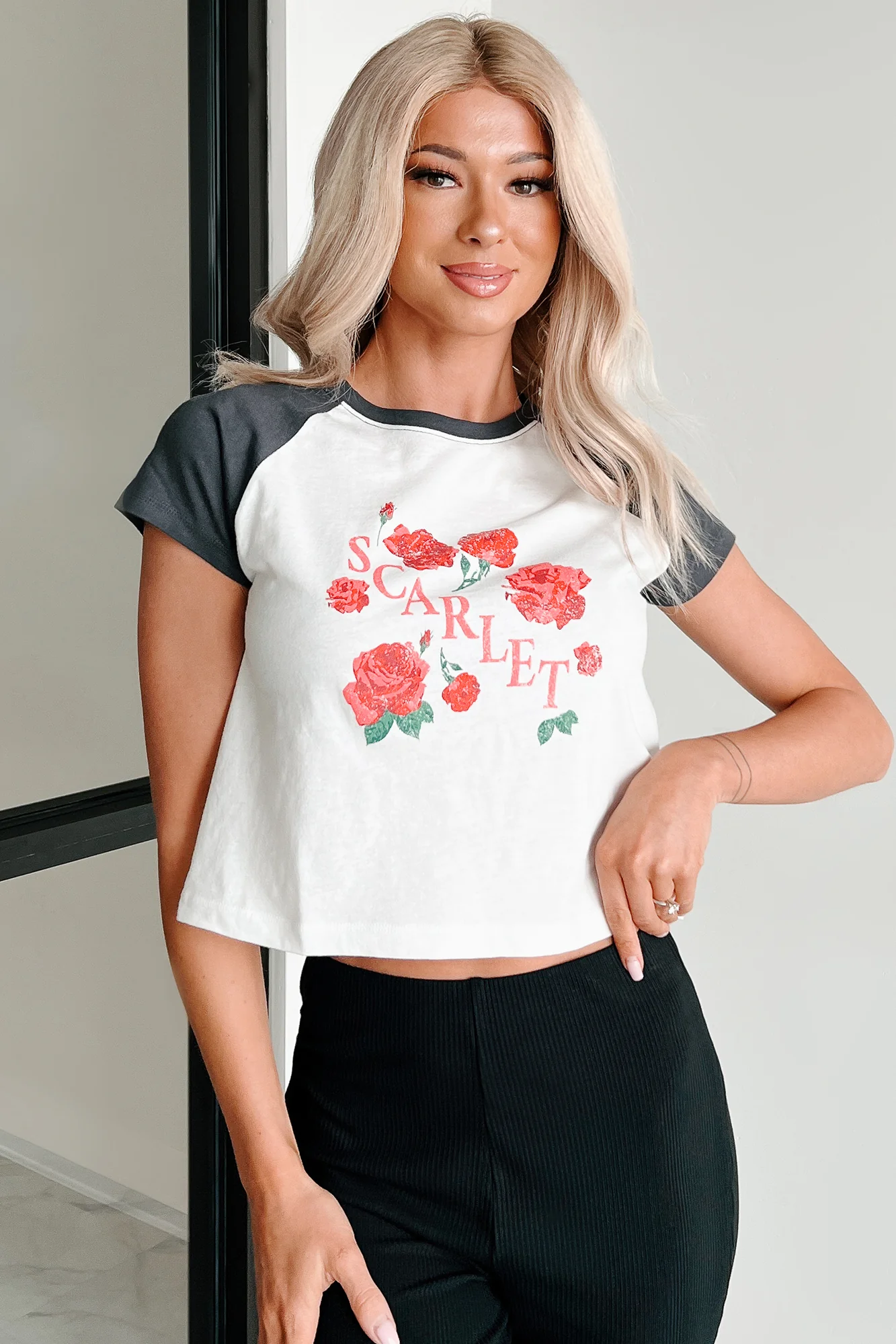 "Scarlet" Distressed Floral Graphic T-Shirt (Ivory/Charcoal) - Image 5