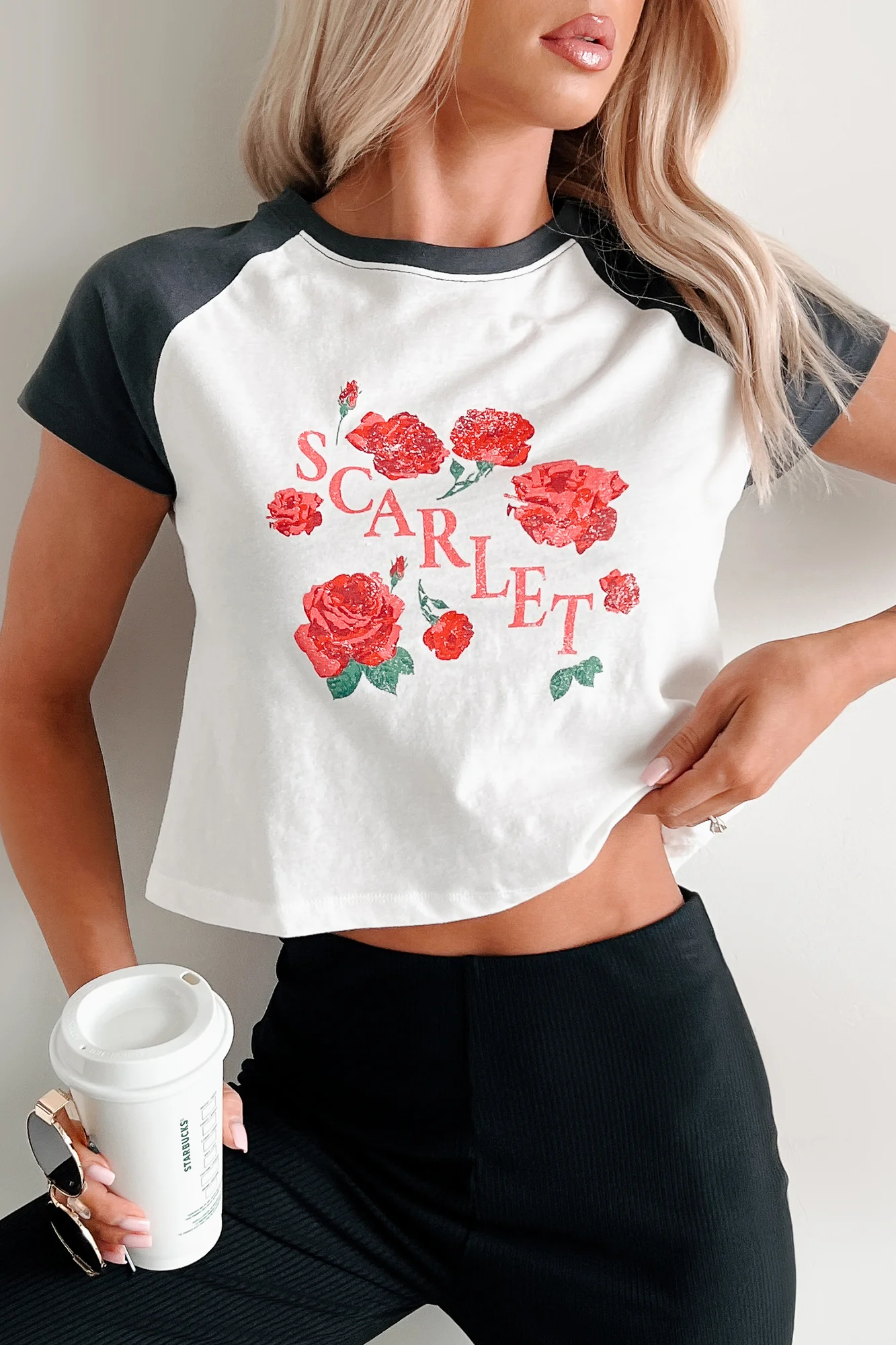 "Scarlet" Distressed Floral Graphic T-Shirt (Ivory/Charcoal) - Image 6