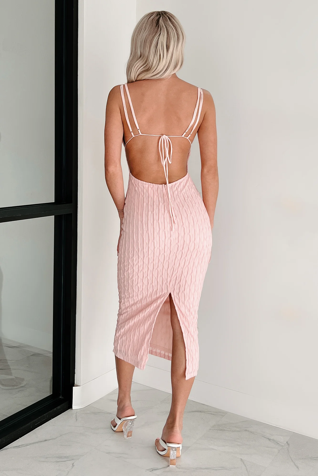 Serenely Sweet Textured Bodycon Midi Dress (Pink) - Image 4