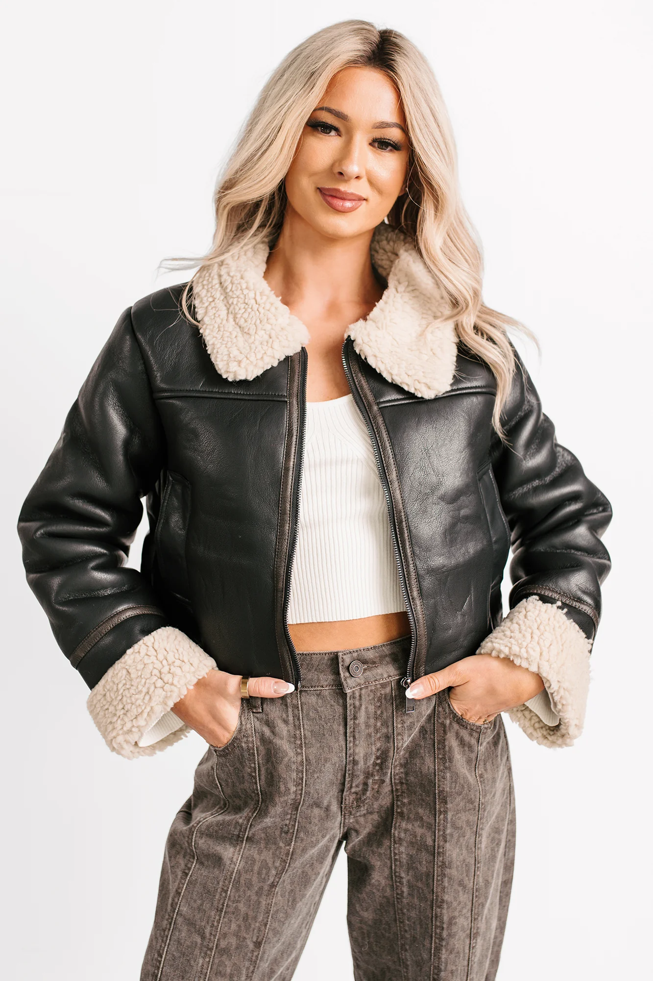 Serves You Right Sherpa Lined Faux Leather Jacket (Black) - Image 2