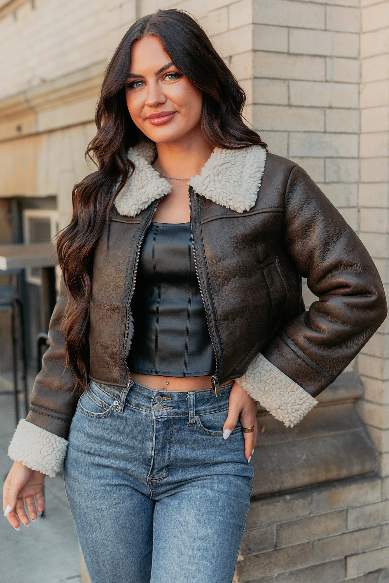 Serves You Right Sherpa Lined Faux Leather Jacket (Brown) - Image 11