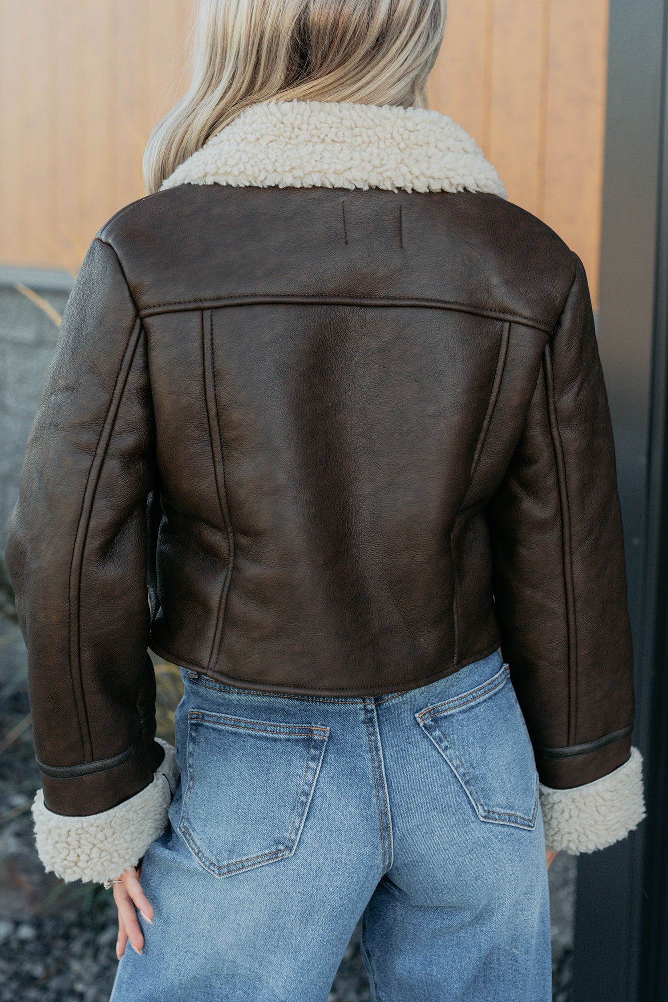 Serves You Right Sherpa Lined Faux Leather Jacket (Brown) - Image 3