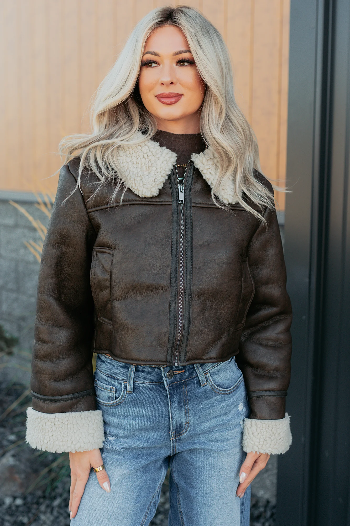 Serves You Right Sherpa Lined Faux Leather Jacket (Brown) - Image 5