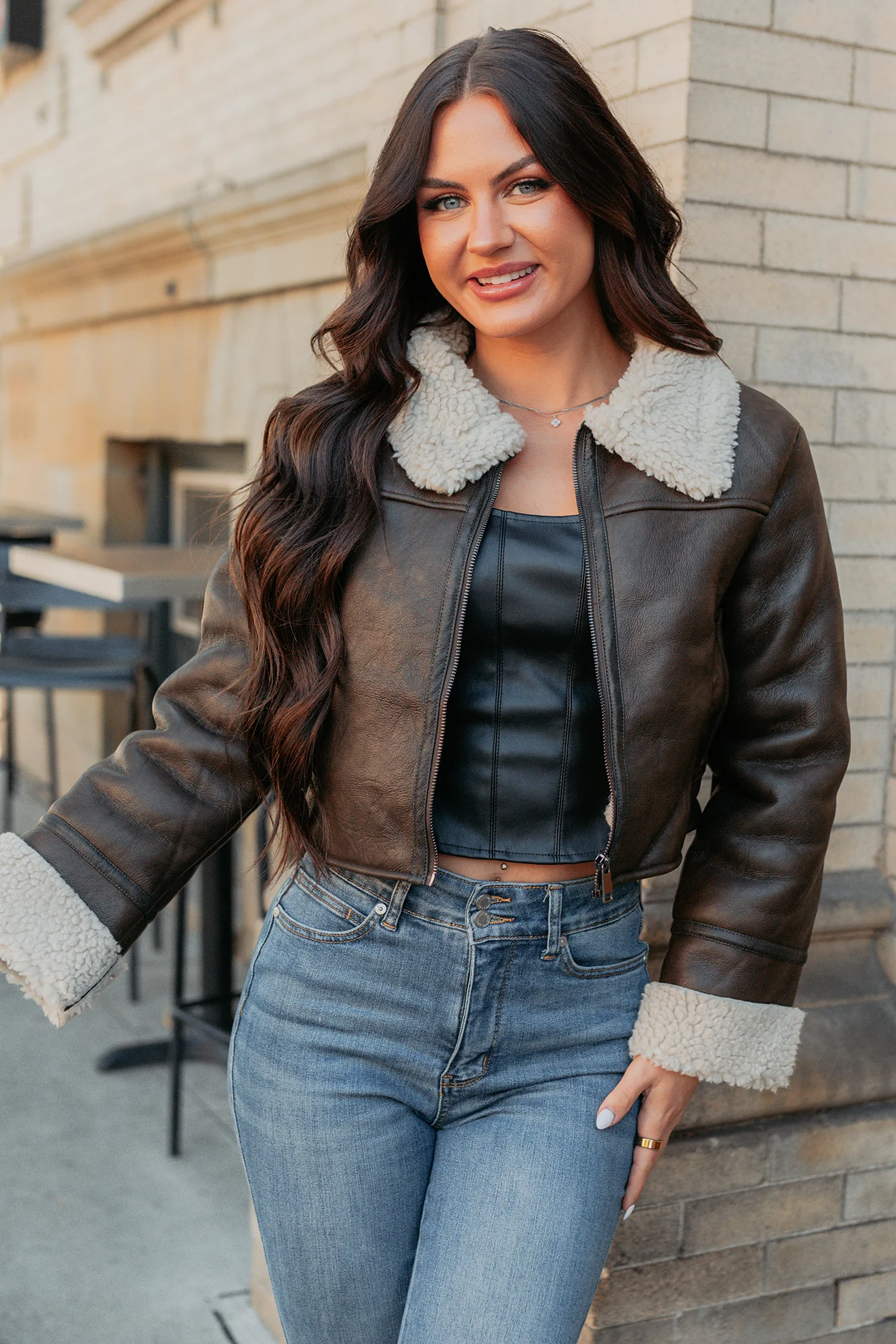 Serves You Right Sherpa Lined Faux Leather Jacket (Brown) - Image 7