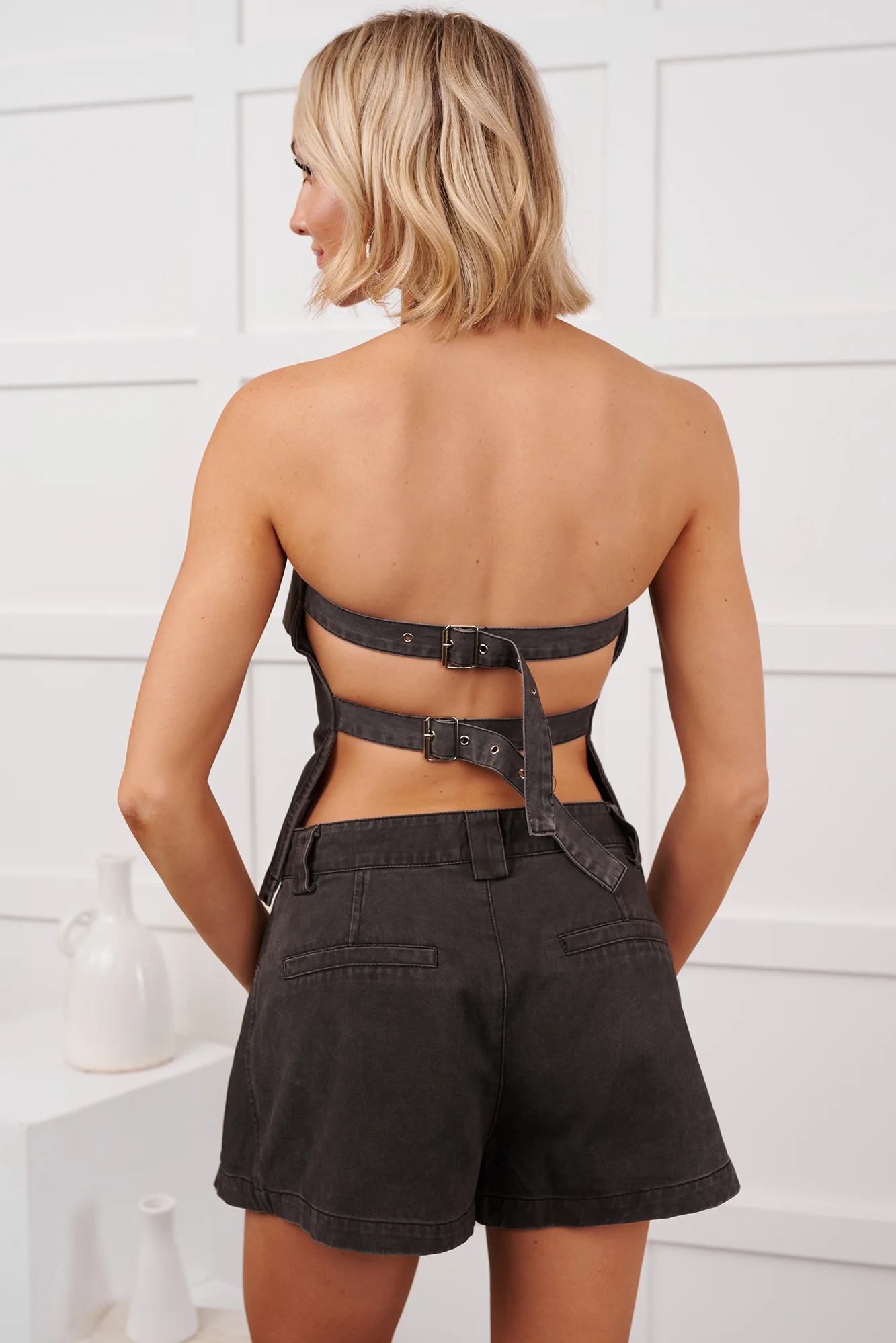 Sharp Eye Denim Halter Top Mini Skort Set (Black) - Image 7