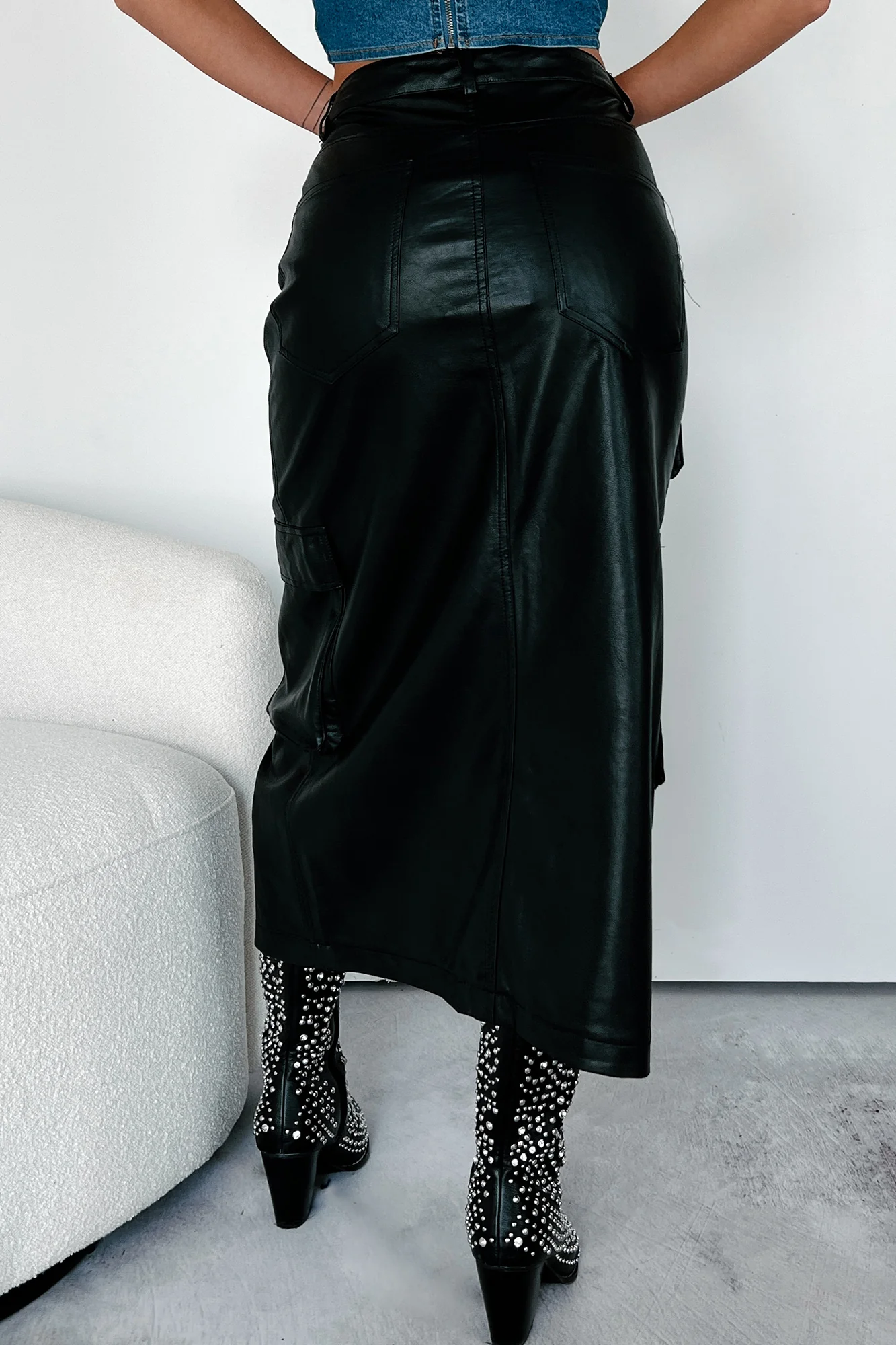 Shattering Norms Faux Leather Cargo Midi Skirt (Black) - Image 6