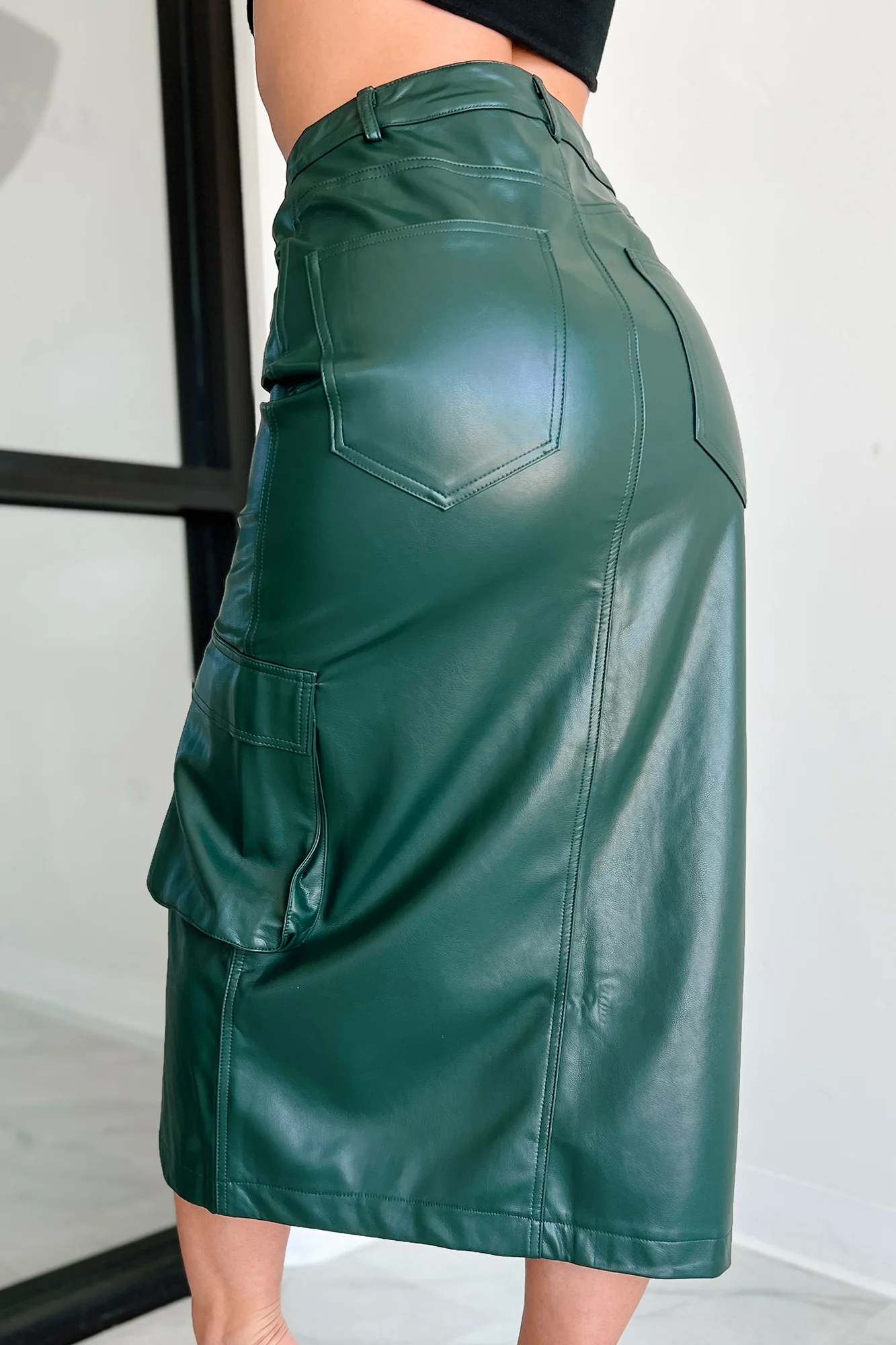 Shattering Norms Faux Leather Cargo Midi Skirt (Dark Green) - Image 3