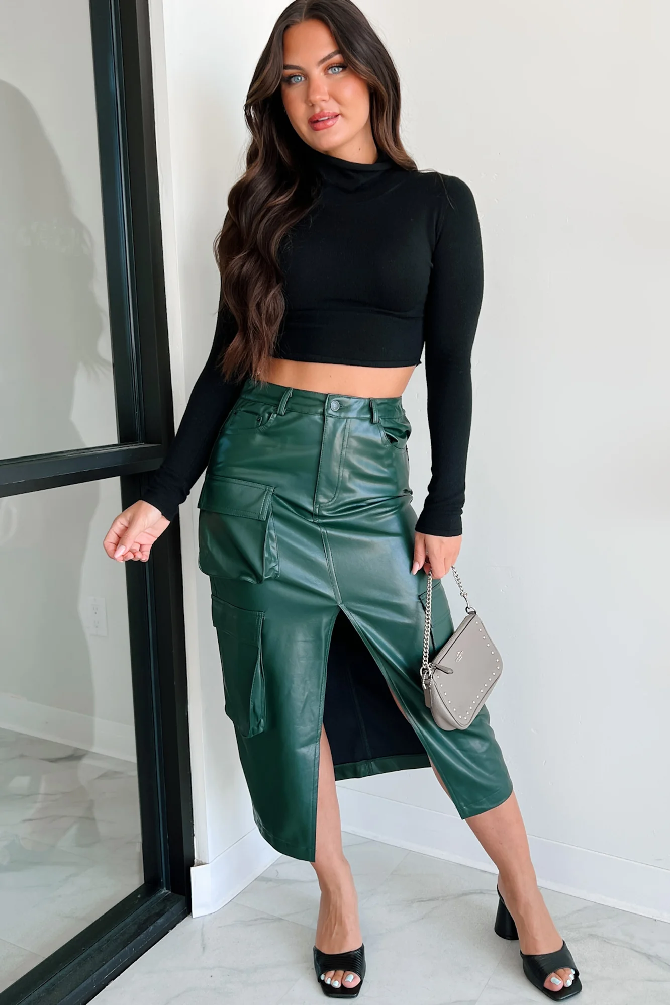 Shattering Norms Faux Leather Cargo Midi Skirt (Dark Green) - Image 5