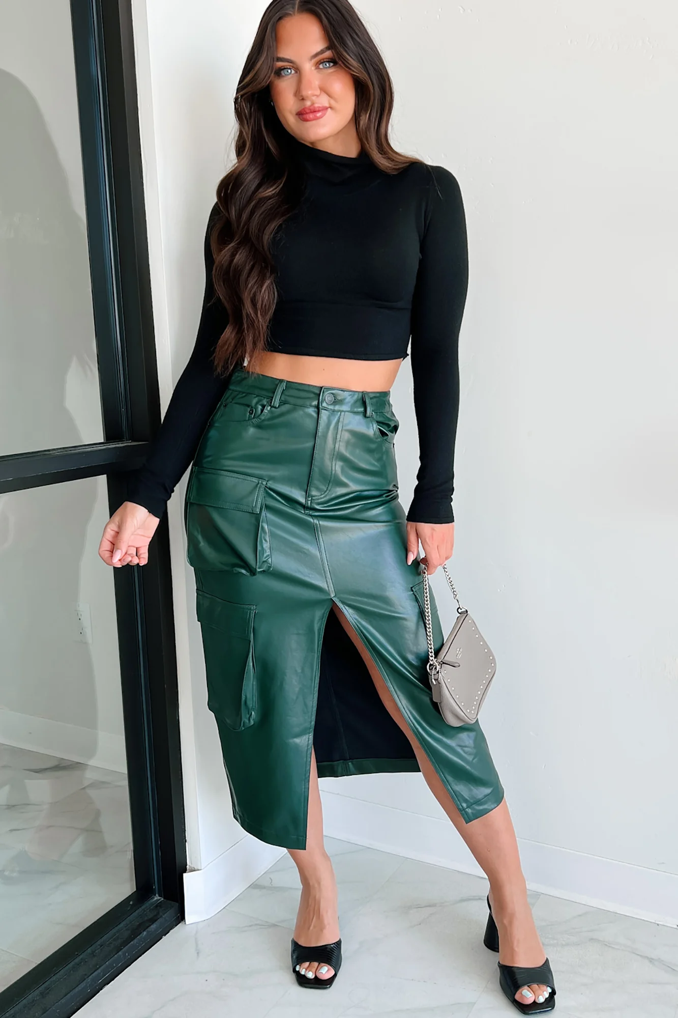 Shattering Norms Faux Leather Cargo Midi Skirt (Dark Green) - Image 6