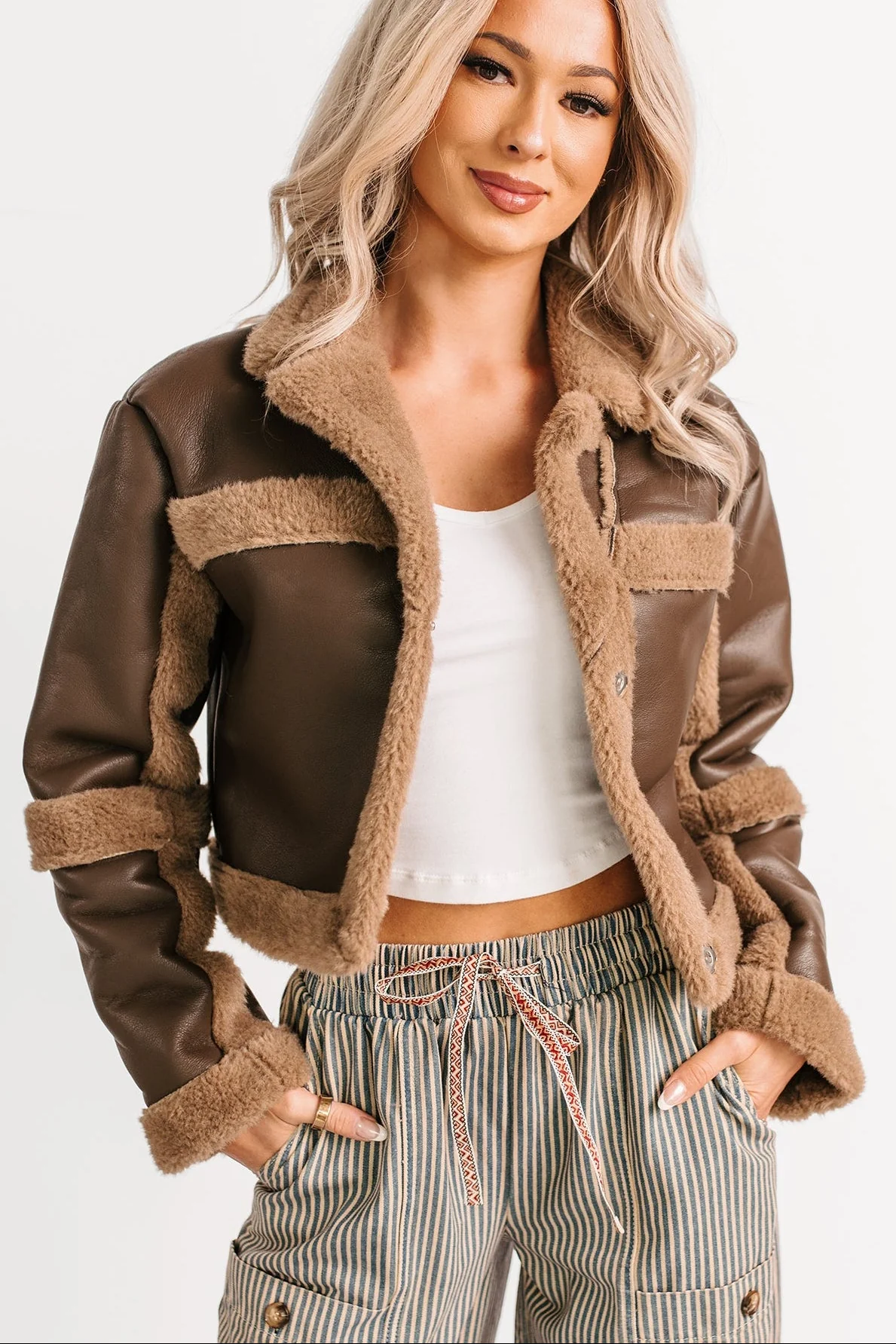 She’s Fire Faux Leather Fur Trim Crop Jacket (Chocolate) - Image 3