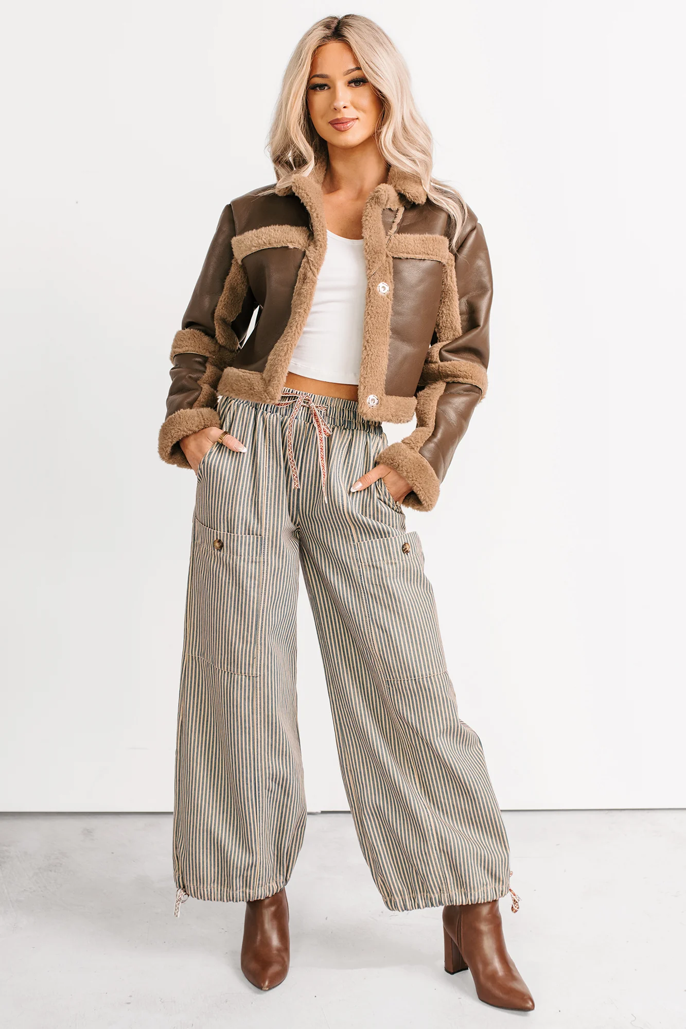 She’s Fire Faux Leather Fur Trim Crop Jacket (Chocolate) - Image 4