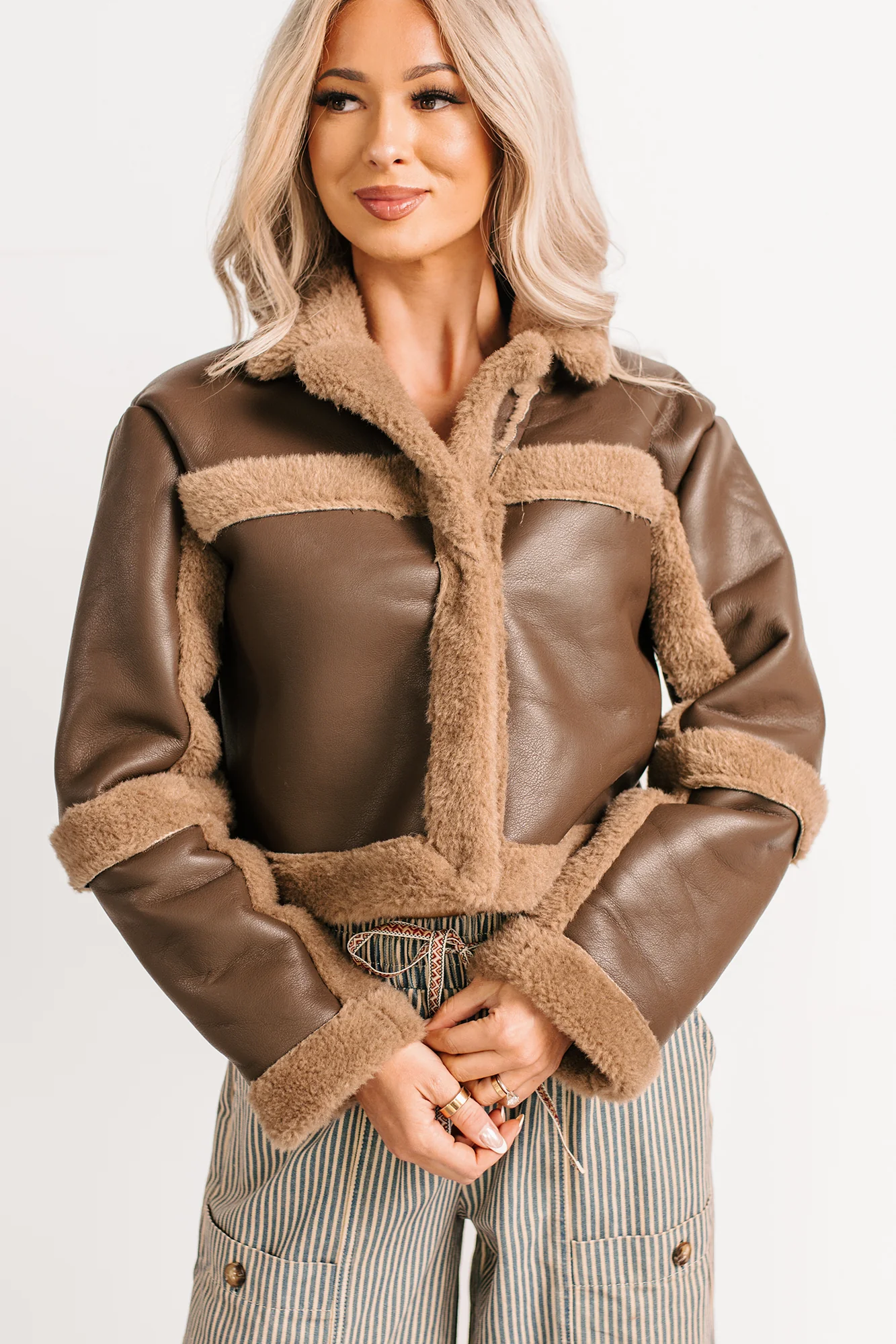 She’s Fire Faux Leather Fur Trim Crop Jacket (Chocolate) - Image 5