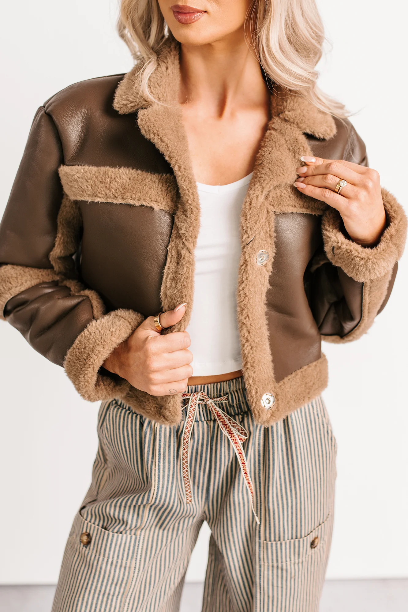 She’s Fire Faux Leather Fur Trim Crop Jacket (Chocolate) - Image 6