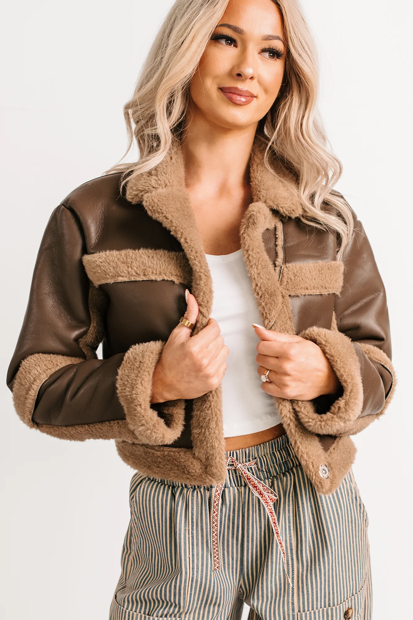 She’s Fire Faux Leather Fur Trim Crop Jacket (Chocolate) - Image 8