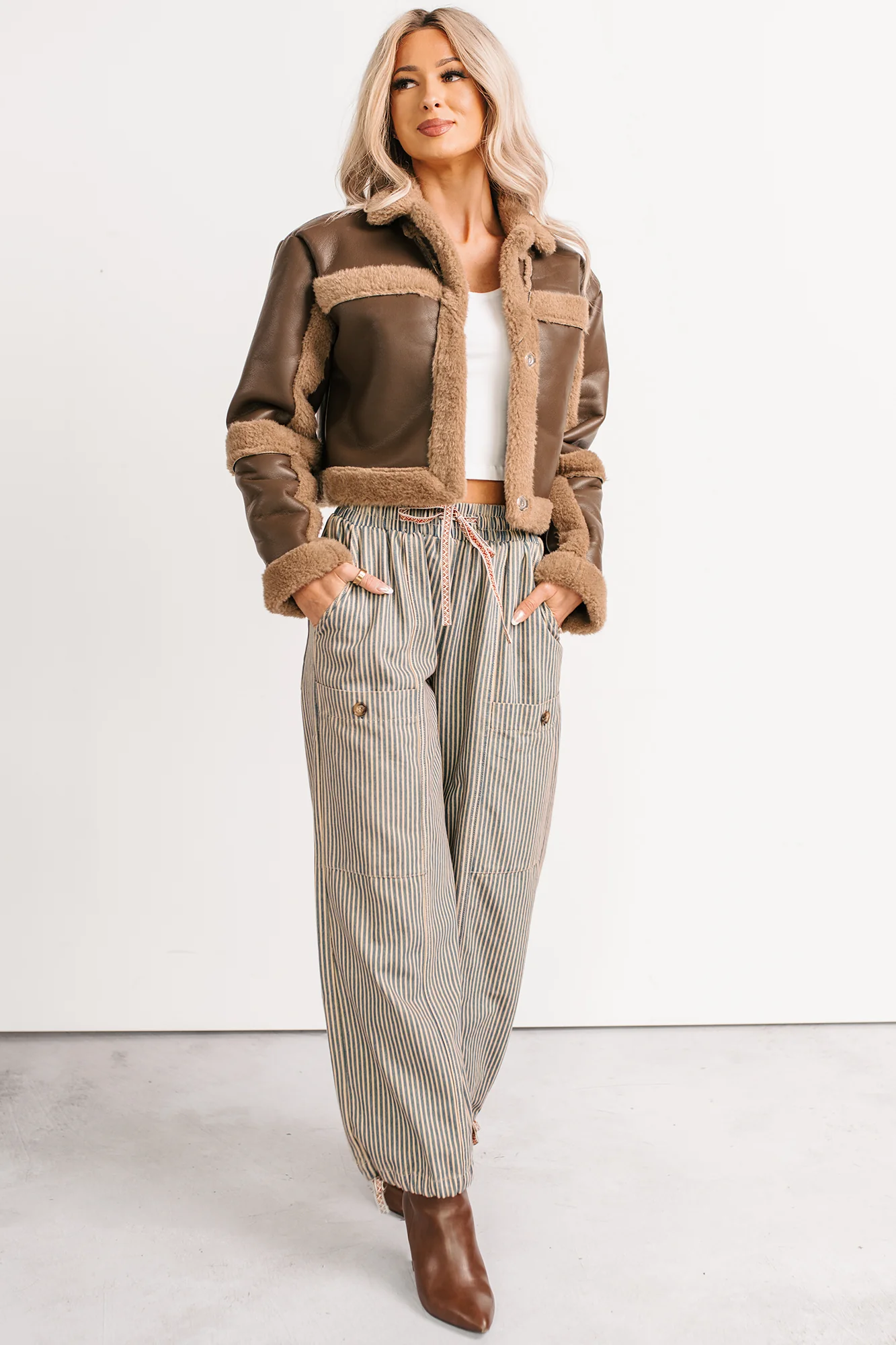 She’s Fire Faux Leather Fur Trim Crop Jacket (Chocolate) - Image 9