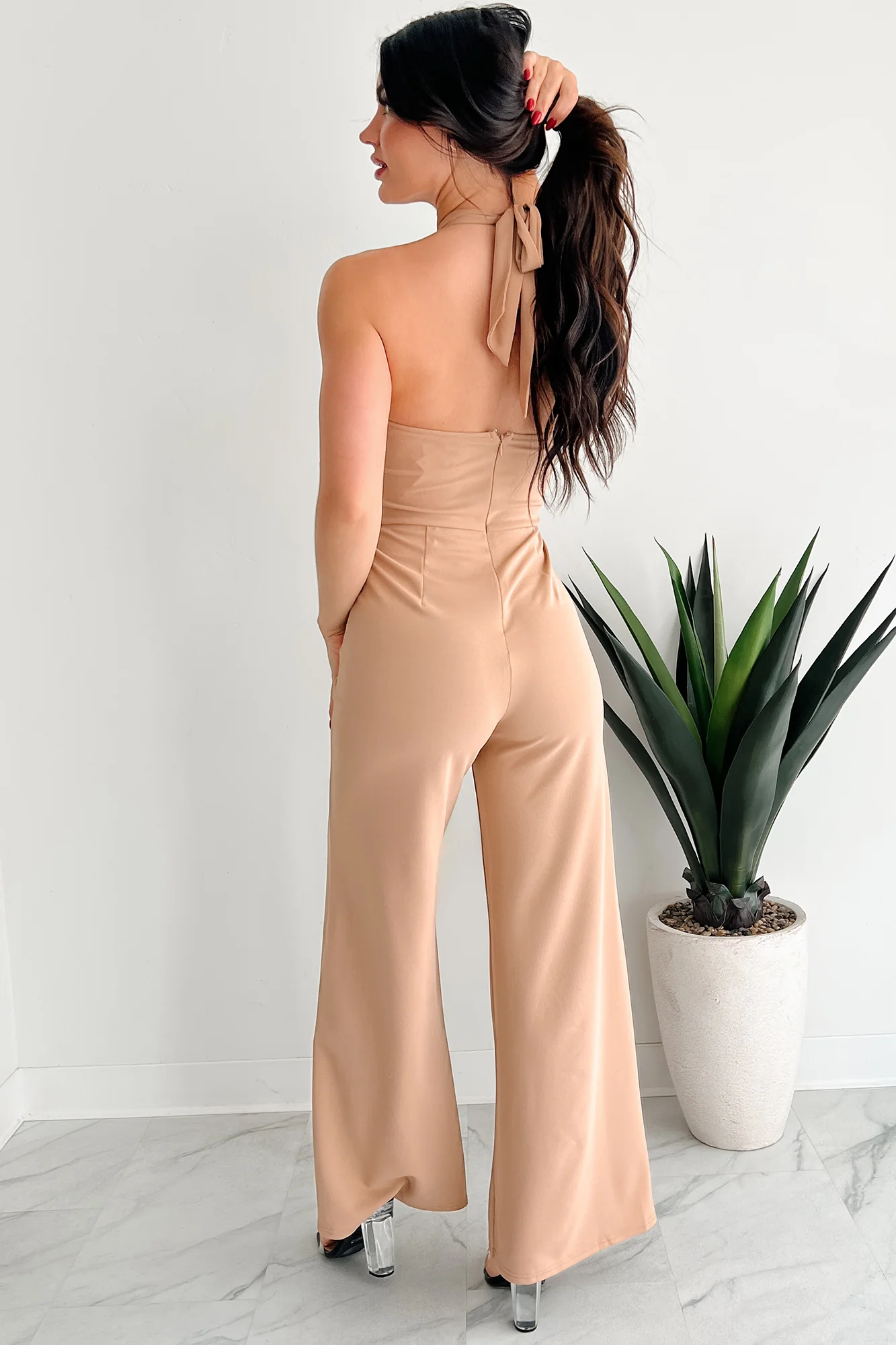 Sheer Ferocity Chain Strap Cutout Jumpsuit (Taupe) - Image 3
