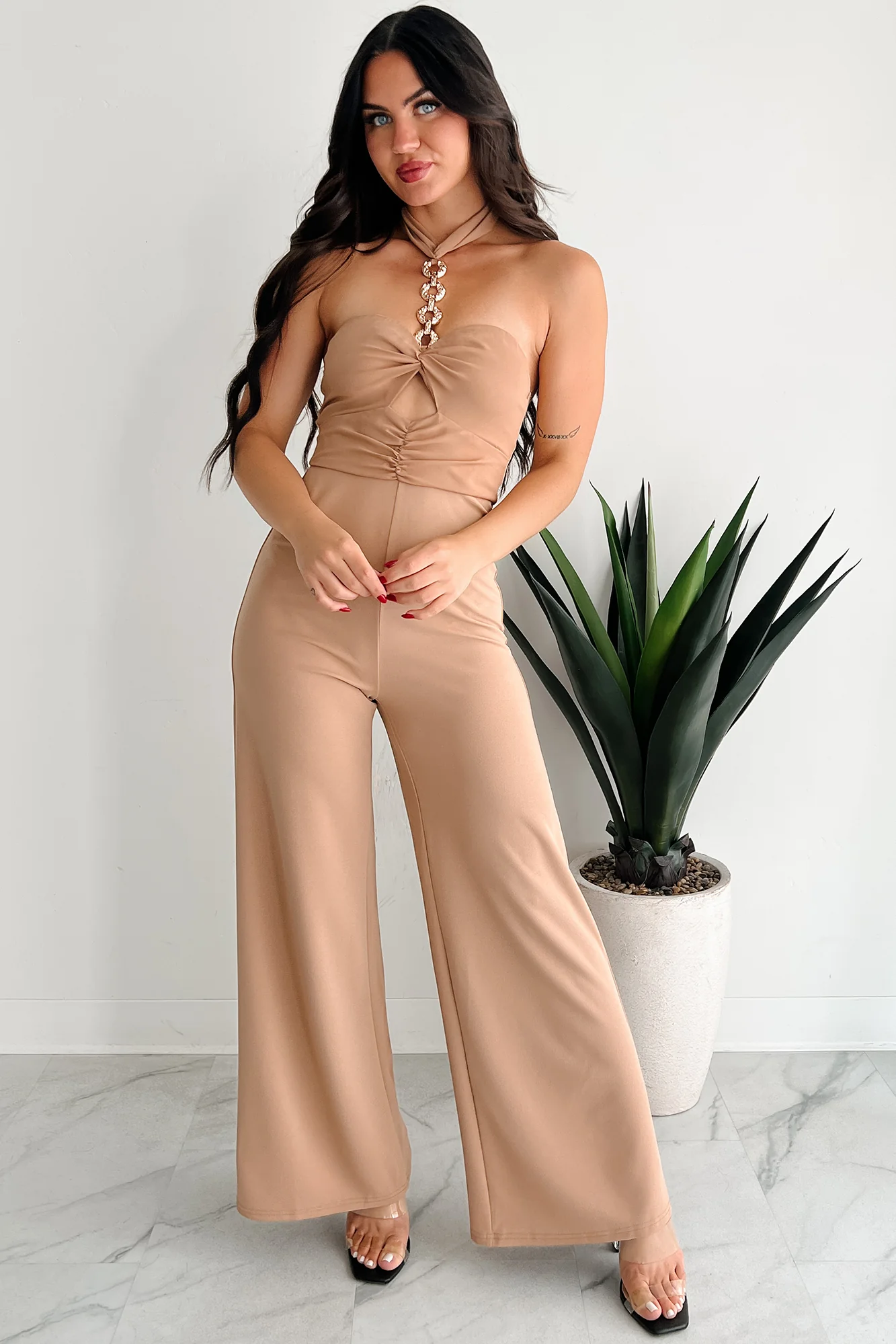 Sheer Ferocity Chain Strap Cutout Jumpsuit (Taupe) - Image 5