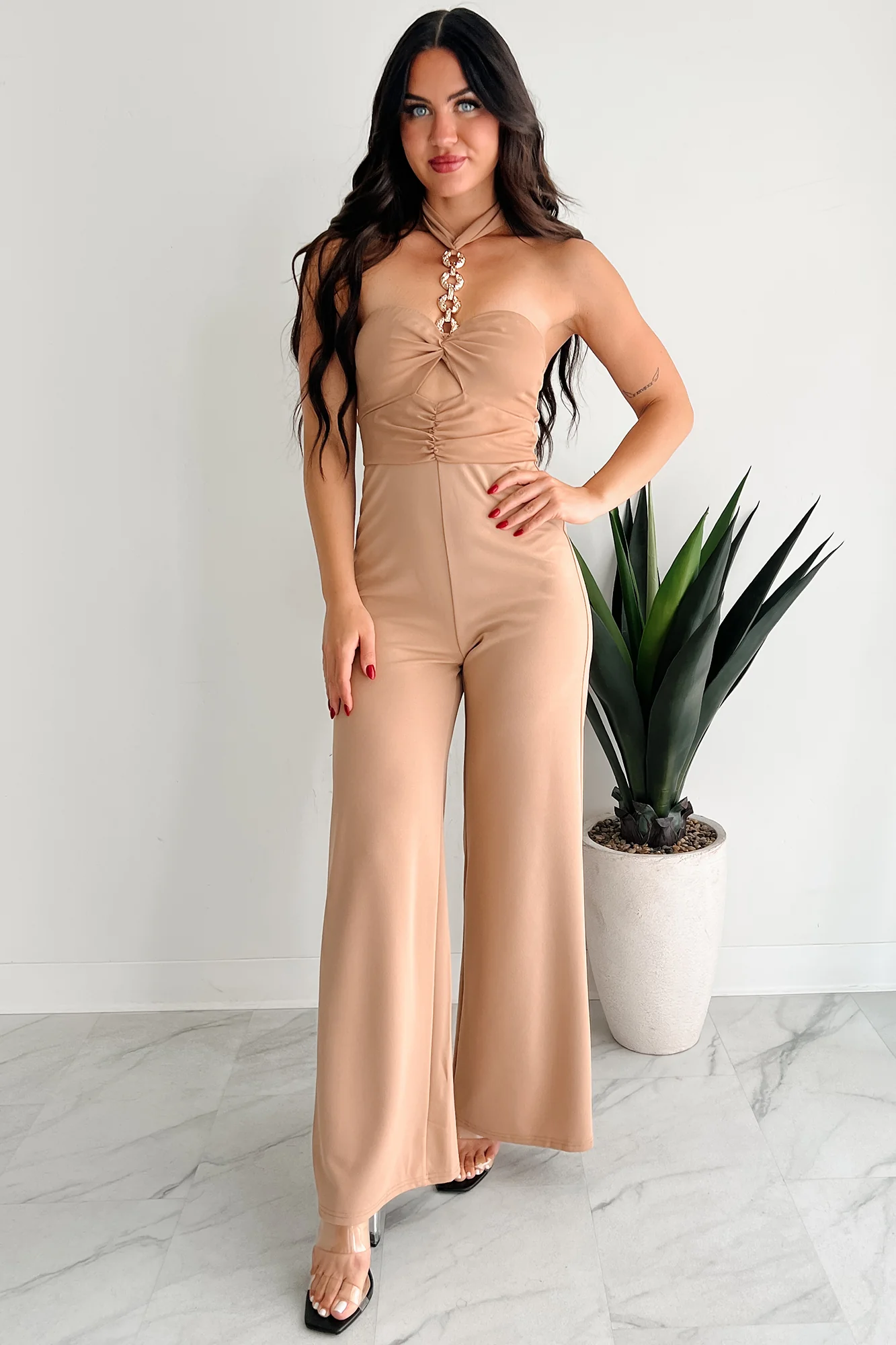 Sheer Ferocity Chain Strap Cutout Jumpsuit (Taupe) - Image 6