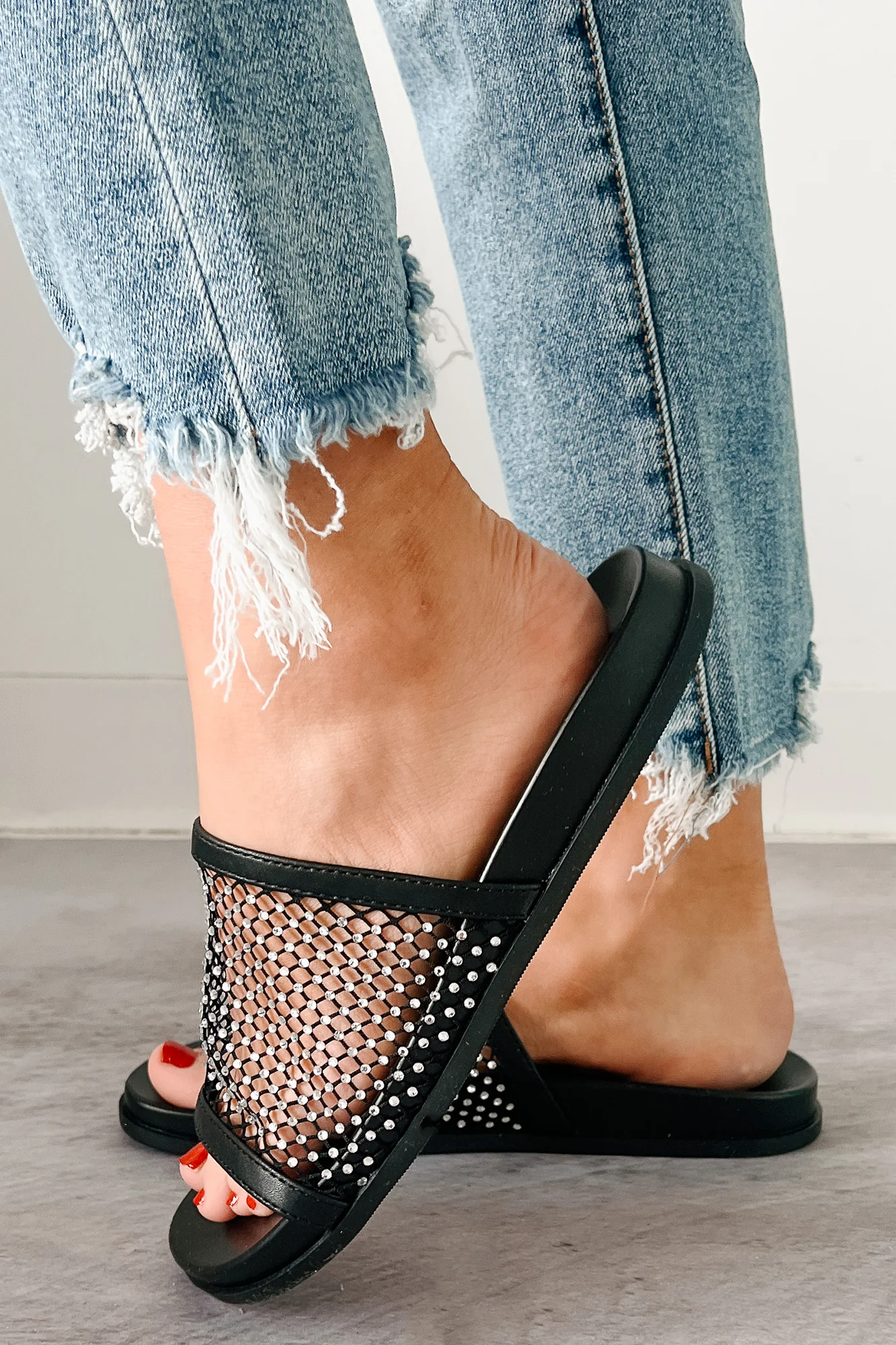 Shine On You Rhinestone Mesh Slide Sandals (Black) - Image 3