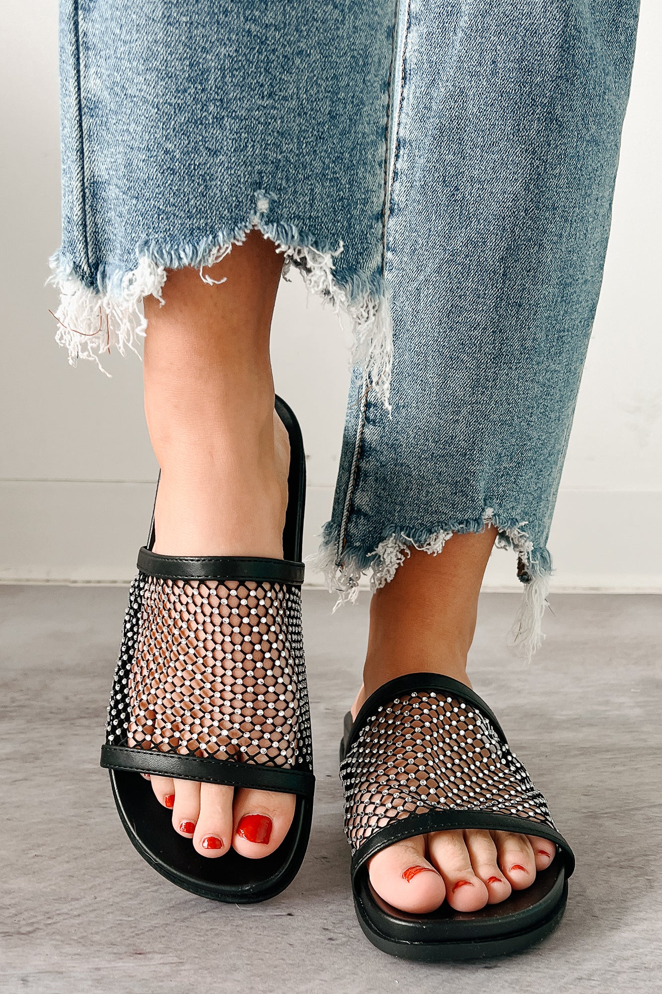 Shine On You Rhinestone Mesh Slide Sandals (Black) - Image 4