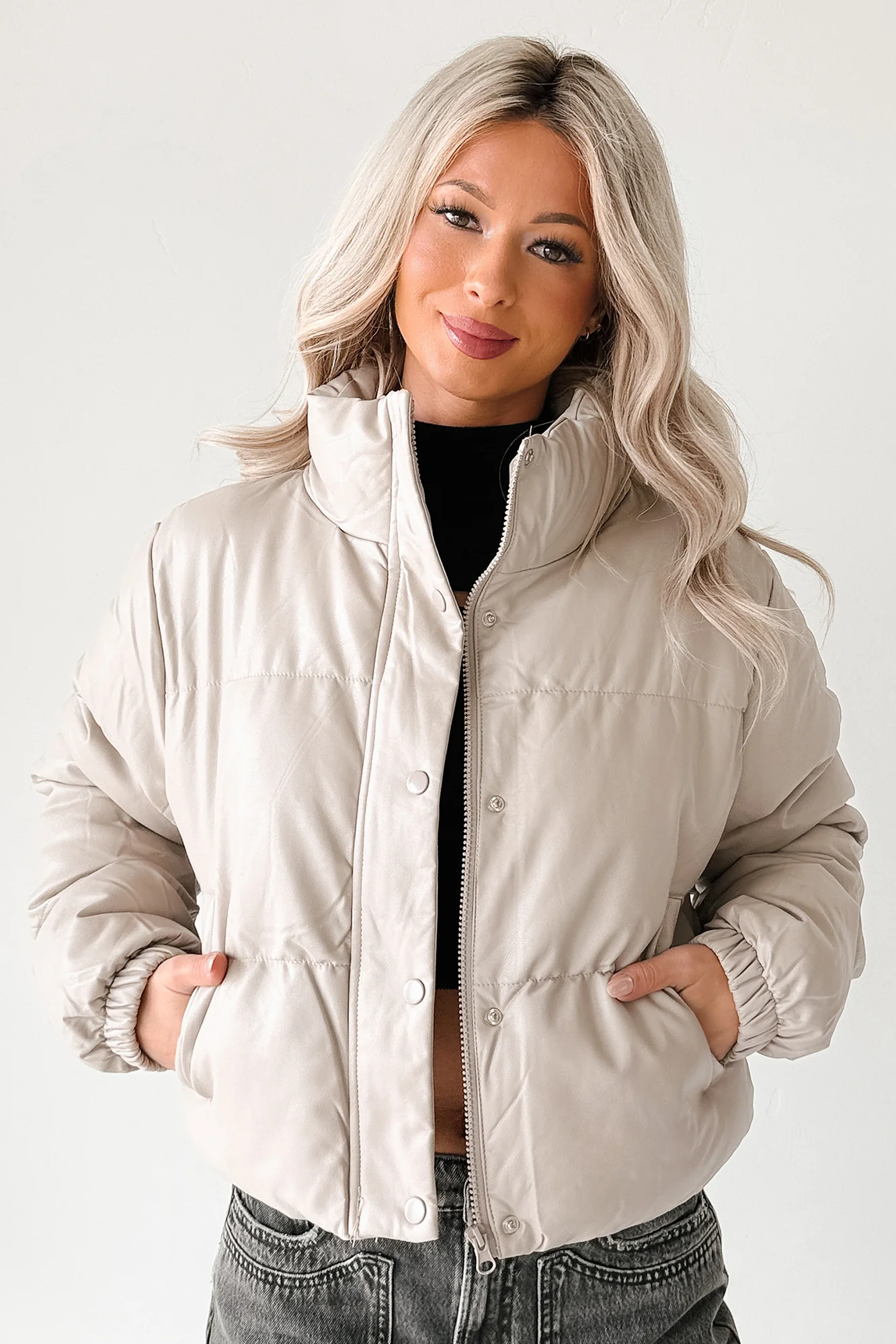 Shine Your Way Faux Leather Puffer Jacket (Taupe) - Image 2