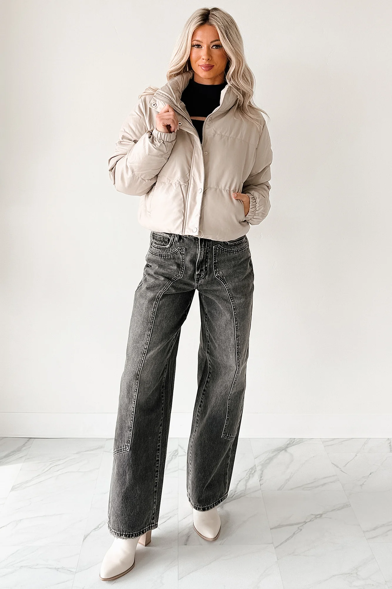 Shine Your Way Faux Leather Puffer Jacket (Taupe) - Image 3