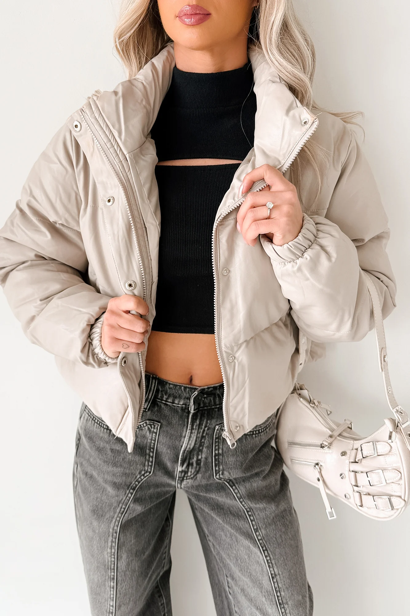 Shine Your Way Faux Leather Puffer Jacket (Taupe) - Image 4