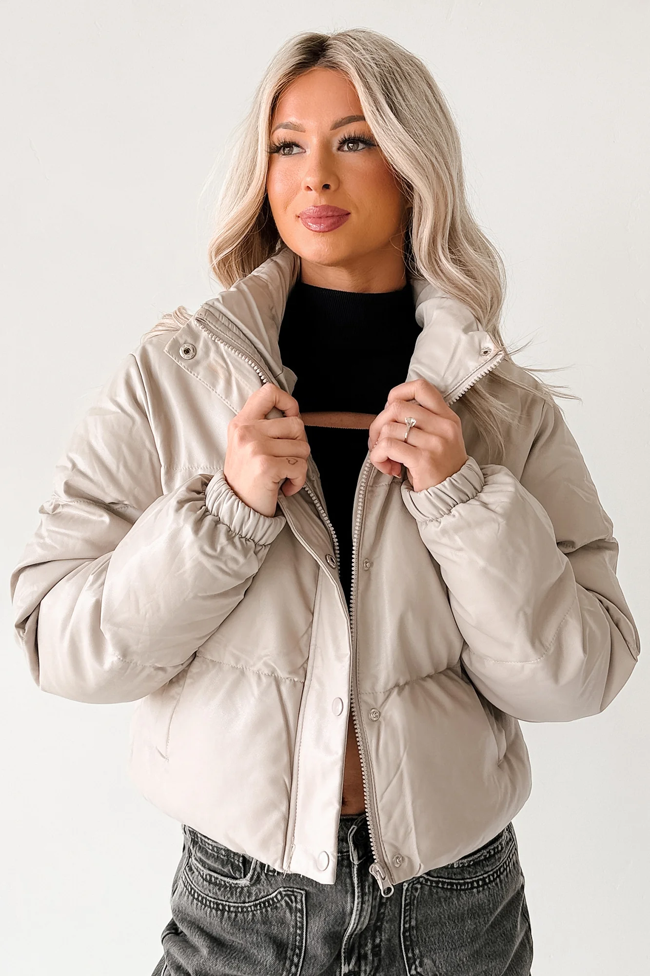 Shine Your Way Faux Leather Puffer Jacket (Taupe) - Image 5